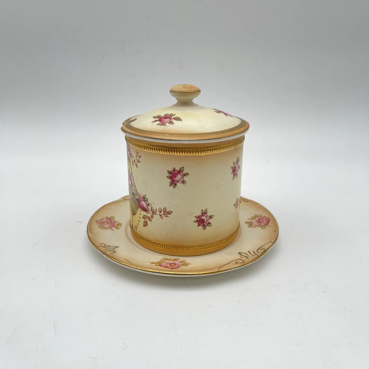 Crown Devon (クラウンデボン) / ジャムポット＆ソーサー(キャニスター) / Etna / 1890-1910年代 / 陶器 / イギリス / ハンドペイント,花柄,英国アンティーク,レトロ,ディスプレイ,キッチン雑貨 / [アンティーク]