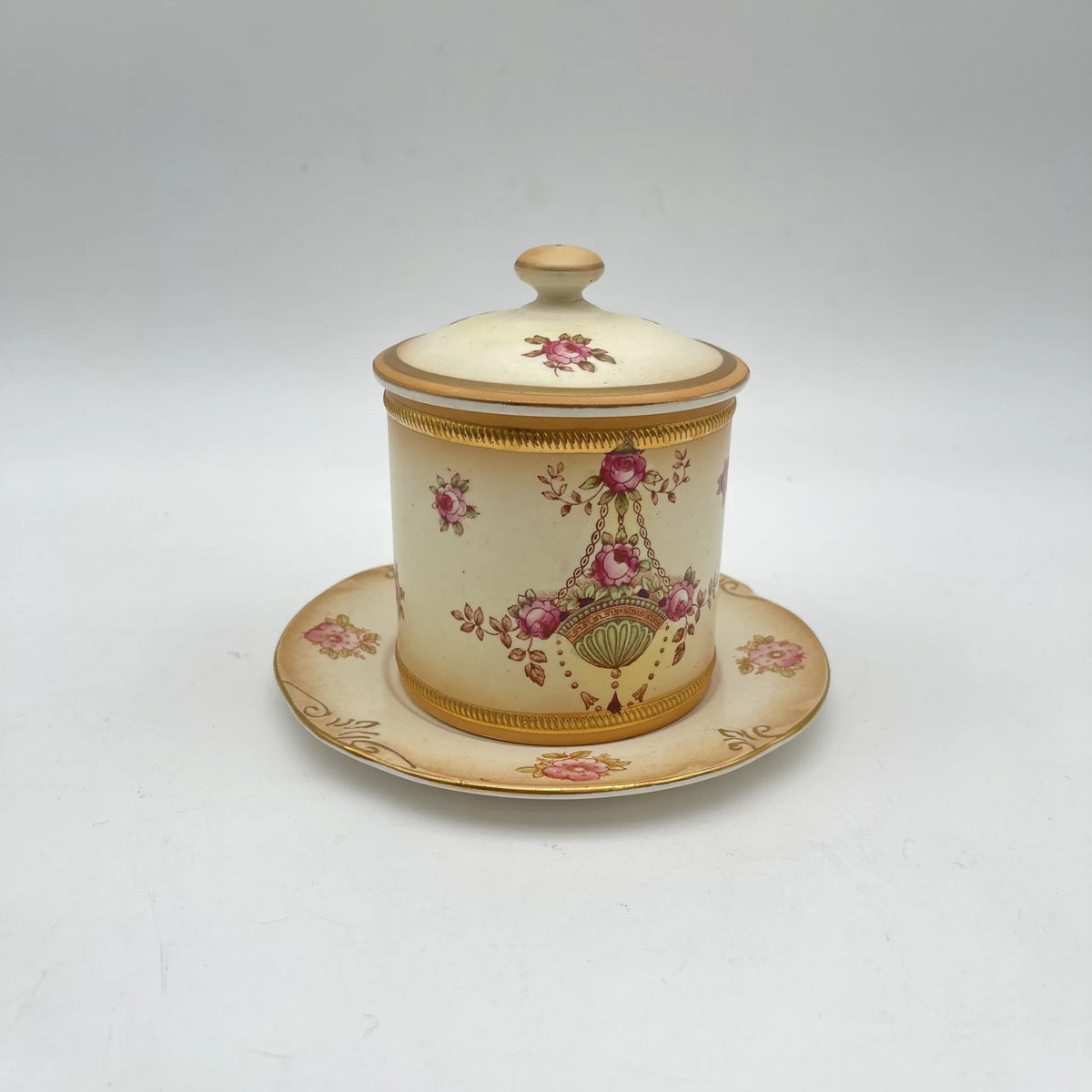 Crown Devon (クラウンデボン) / ジャムポット＆ソーサー(キャニスター) / Etna / 1890-1910年代 / 陶器 / イギリス / ハンドペイント,花柄,英国アンティーク,レトロ,ディスプレイ,キッチン雑貨 / [アンティーク]
