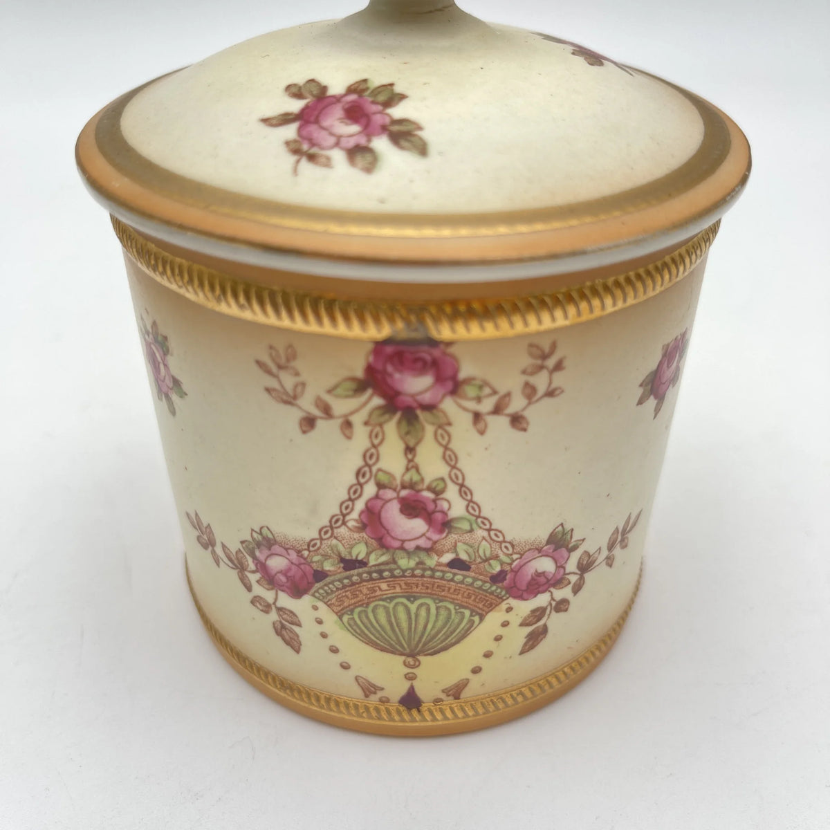 Crown Devon (クラウンデボン) / ジャムポット＆ソーサー(キャニスター) / Etna / 1890-1910年代 / 陶器 / イギリス / ハンドペイント,花柄,英国アンティーク,レトロ,ディスプレイ,キッチン雑貨 / [アンティーク]
