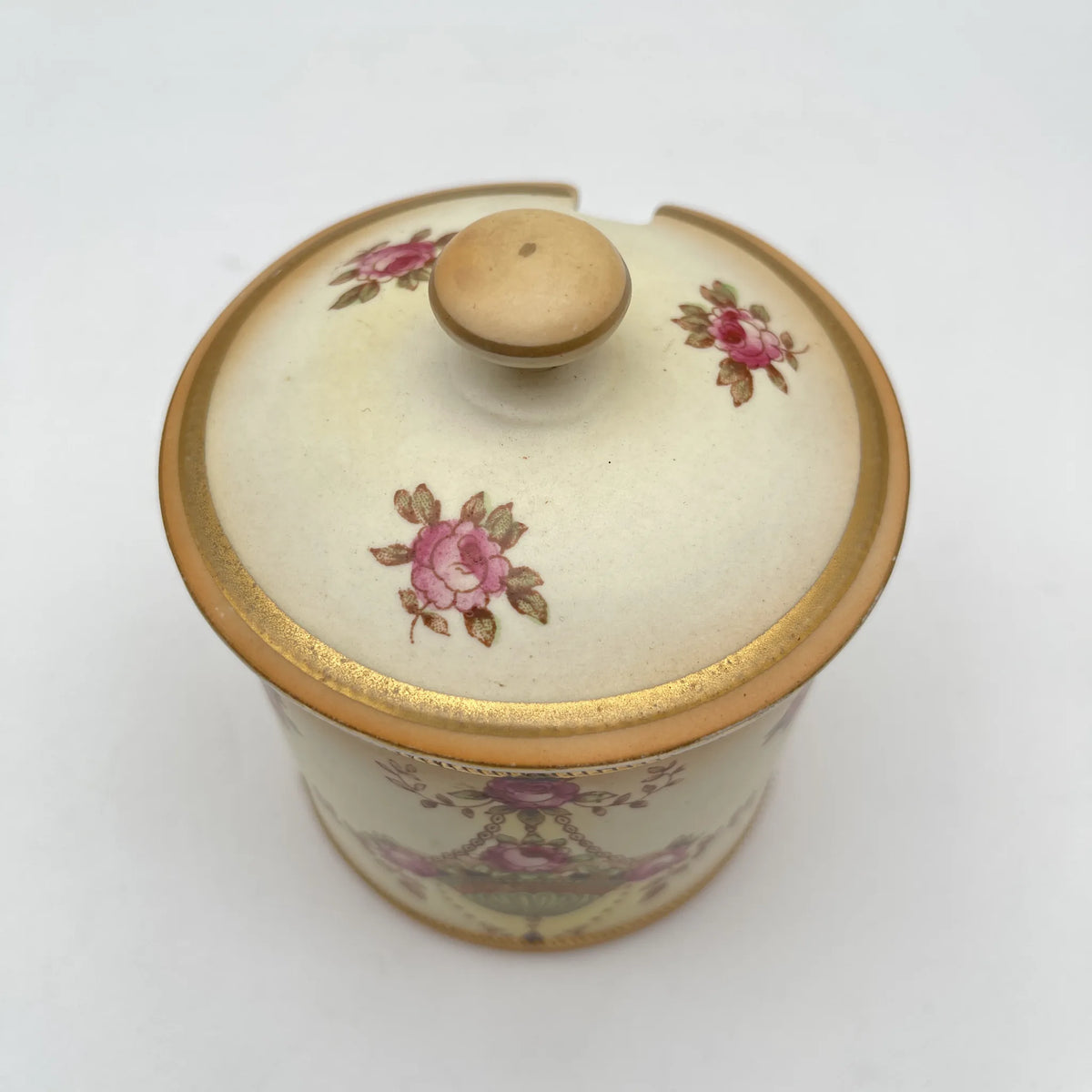 Crown Devon (クラウンデボン) / ジャムポット＆ソーサー(キャニスター) / Etna / 1890-1910年代 / 陶器 / イギリス / ハンドペイント,花柄,英国アンティーク,レトロ,ディスプレイ,キッチン雑貨 / [アンティーク]
