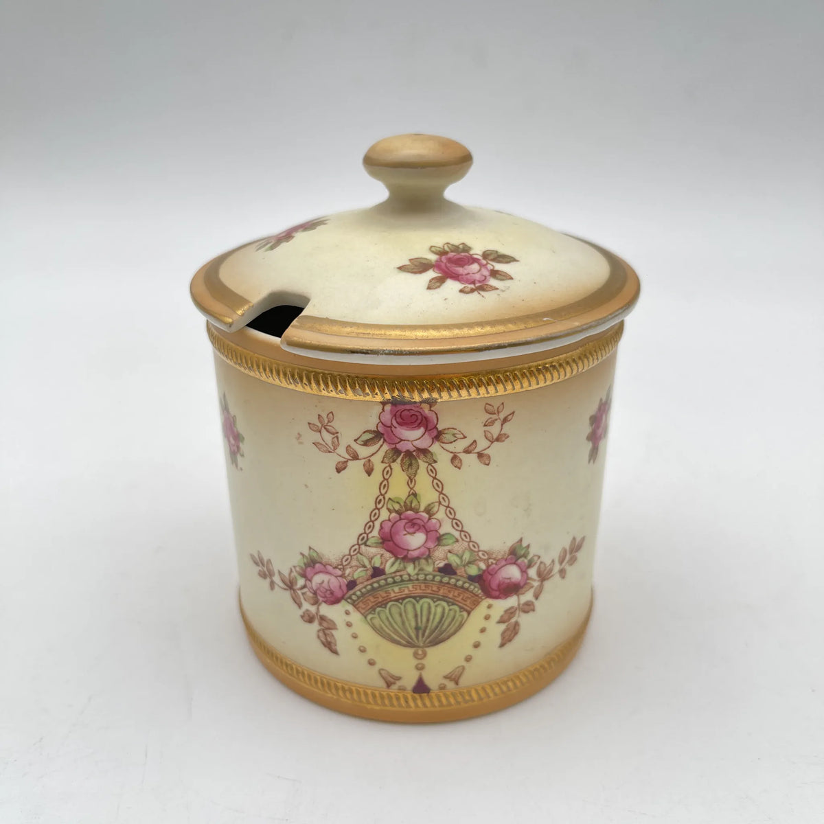 Crown Devon (クラウンデボン) / ジャムポット＆ソーサー(キャニスター) / Etna / 1890-1910年代 / 陶器 / イギリス / ハンドペイント,花柄,英国アンティーク,レトロ,ディスプレイ,キッチン雑貨 / [アンティーク]
