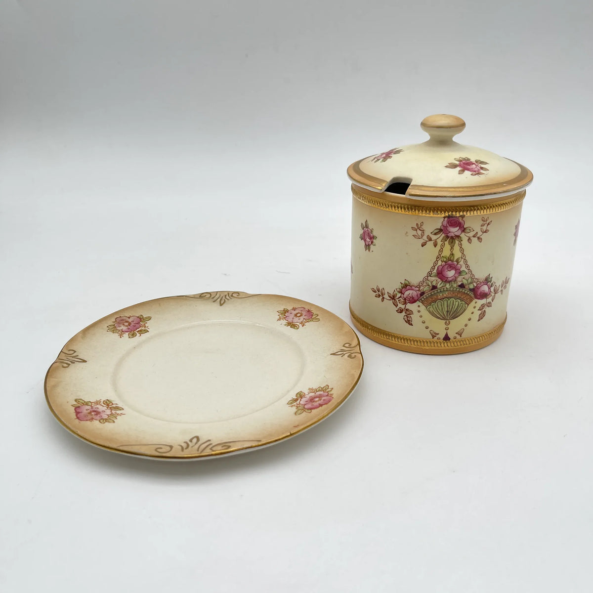 Crown Devon (クラウンデボン) / ジャムポット＆ソーサー(キャニスター) / Etna / 1890-1910年代 / 陶器 / イギリス / ハンドペイント,花柄,英国アンティーク,レトロ,ディスプレイ,キッチン雑貨 / [アンティーク]