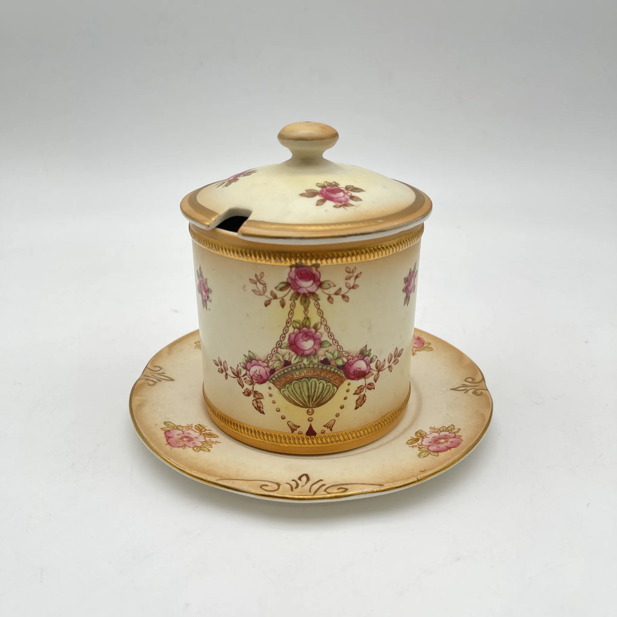 Crown Devon (クラウンデボン) / ジャムポット＆ソーサー(キャニスター) / Etna / 1890-1910年代 / 陶器 / イギリス / ハンドペイント,花柄,英国アンティーク,レトロ,ディスプレイ,キッチン雑貨 / [アンティーク]