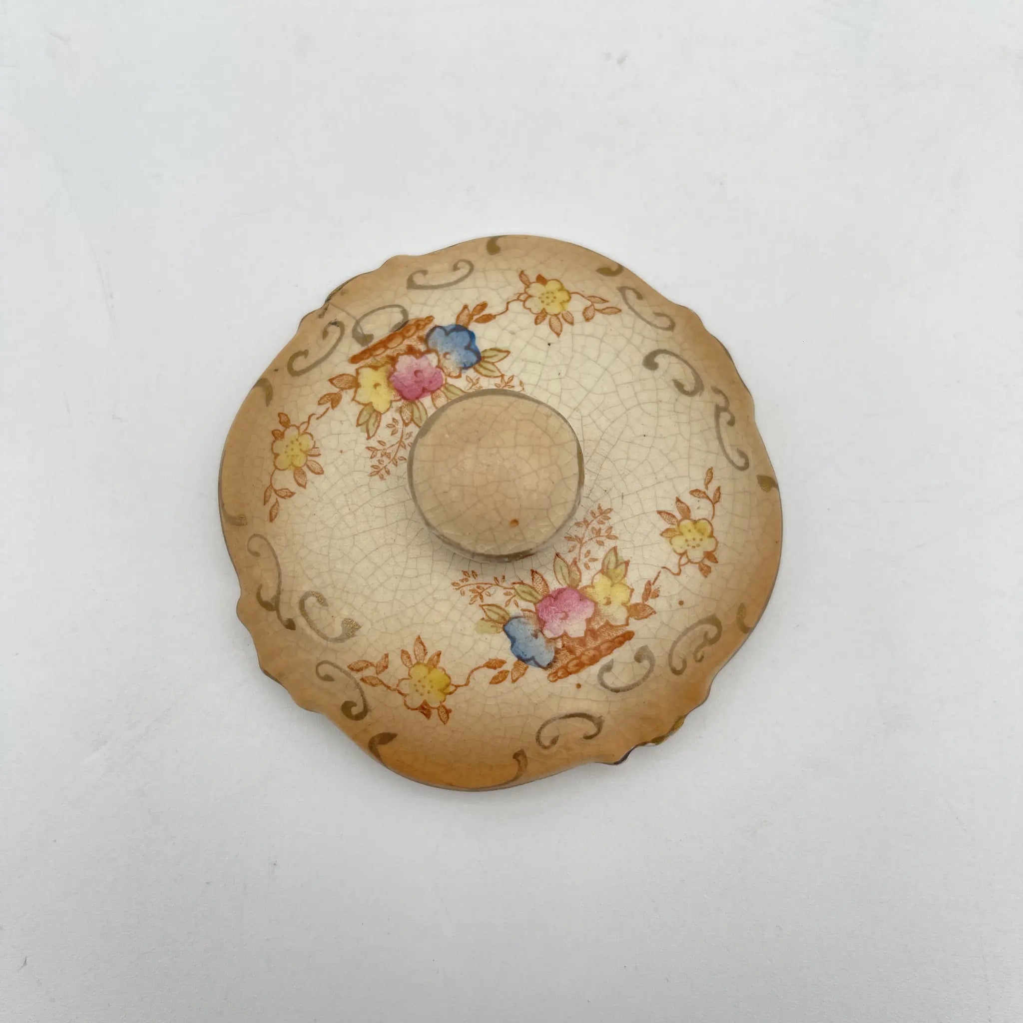 【アンティーク】 ポプリポット (小物入れ) / Crown Devon (クラウンデボン) / 1910-1920年代 (推定) / 陶器 / イギリス / 銅板転写, 手彩色 金彩