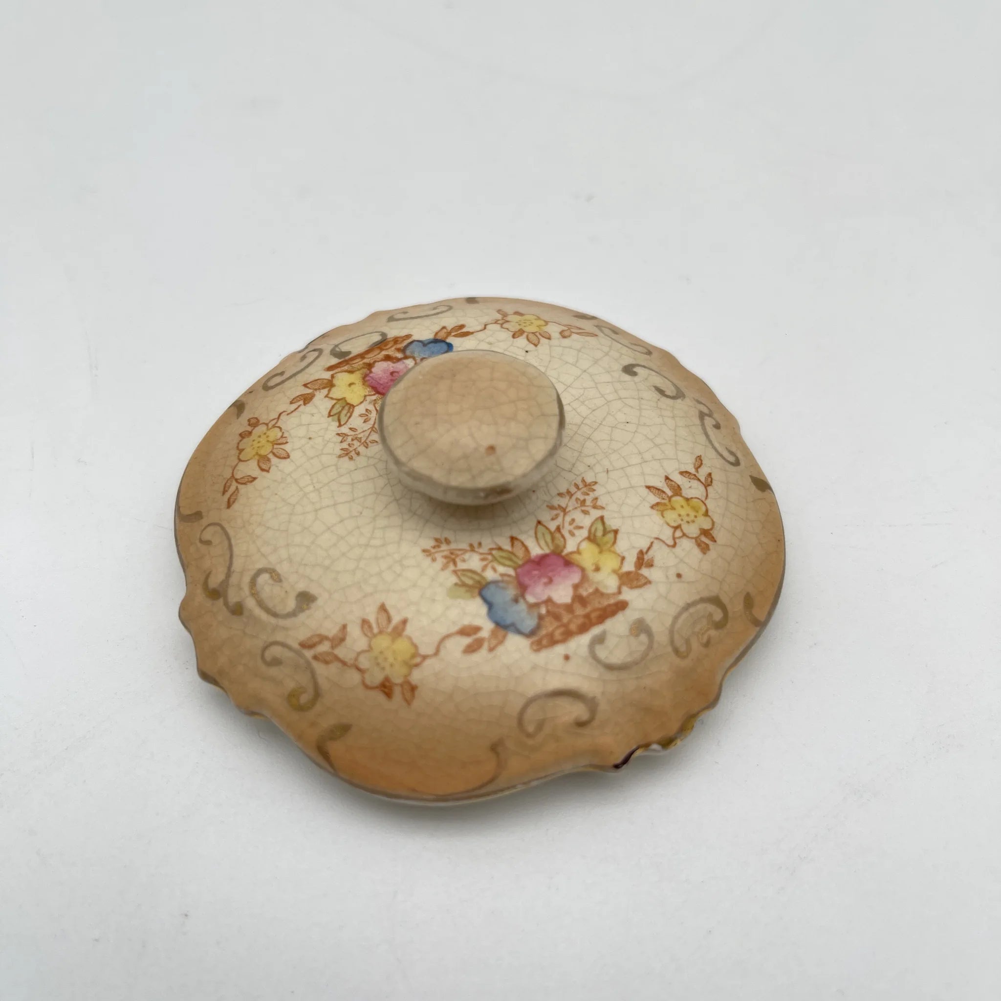 【アンティーク】 ポプリポット (小物入れ) / Crown Devon (クラウンデボン) / 1910-1920年代 (推定) / 陶器 / イギリス / 銅板転写, 手彩色 金彩