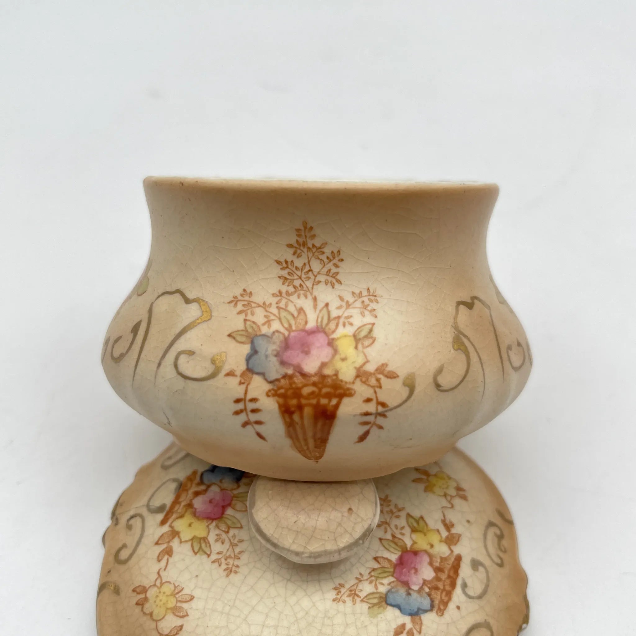 【アンティーク】 ポプリポット (小物入れ) / Crown Devon (クラウンデボン) / 1910-1920年代 (推定) / 陶器 / イギリス / 銅板転写, 手彩色 金彩