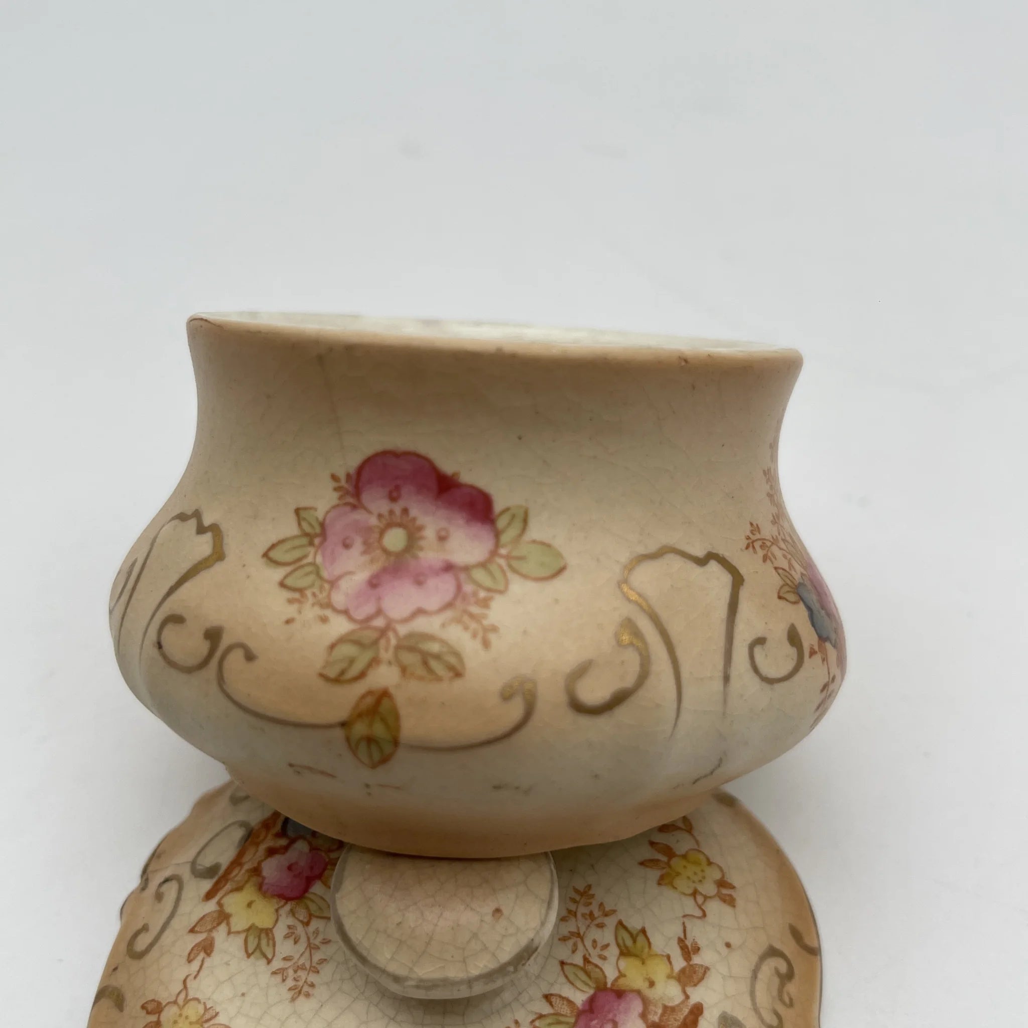 【アンティーク】 ポプリポット (小物入れ) / Crown Devon (クラウンデボン) / 1910-1920年代 (推定) / 陶器 / イギリス / 銅板転写, 手彩色 金彩