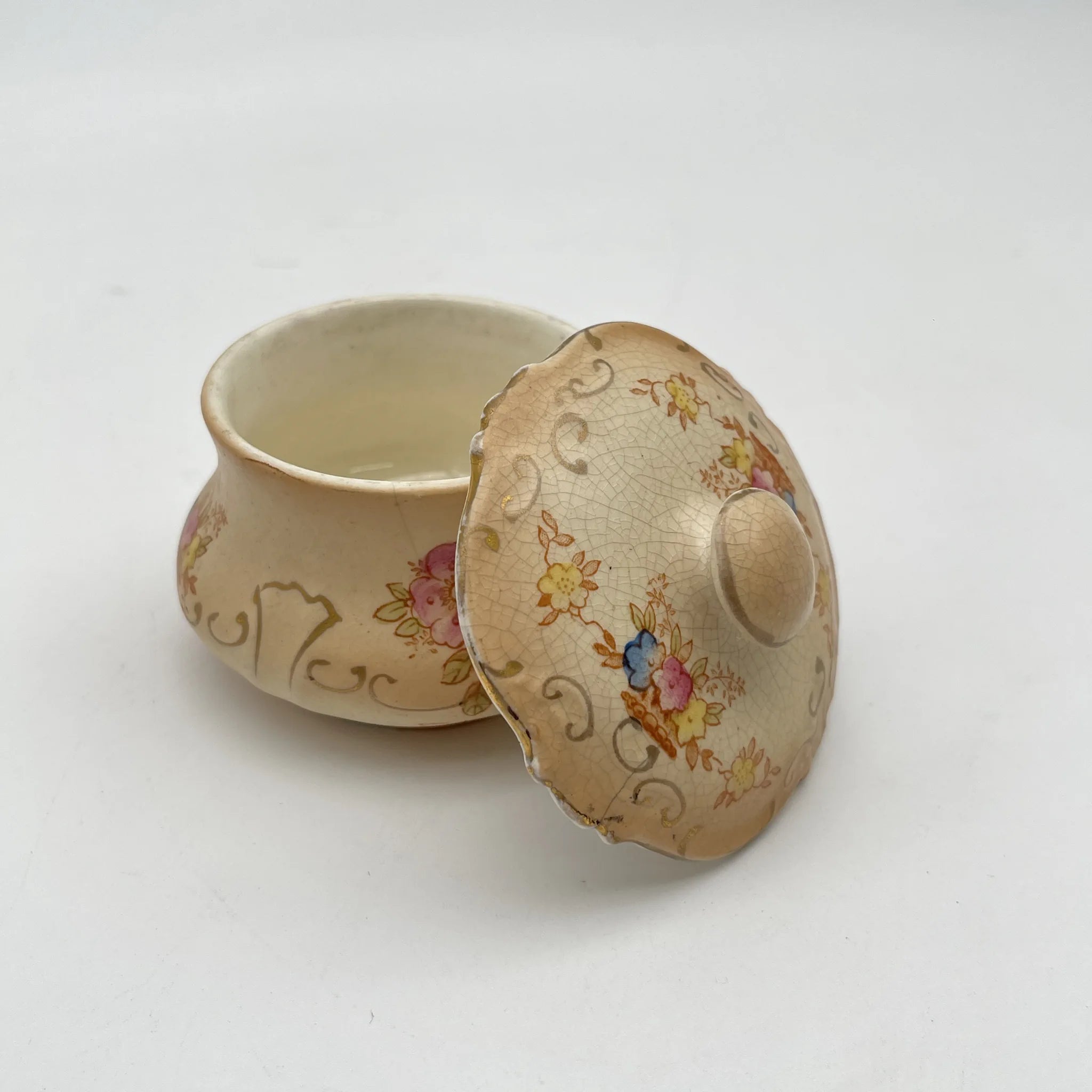 【アンティーク】 ポプリポット (小物入れ) / Crown Devon (クラウンデボン) / 1910-1920年代 (推定) / 陶器 / イギリス / 銅板転写, 手彩色 金彩