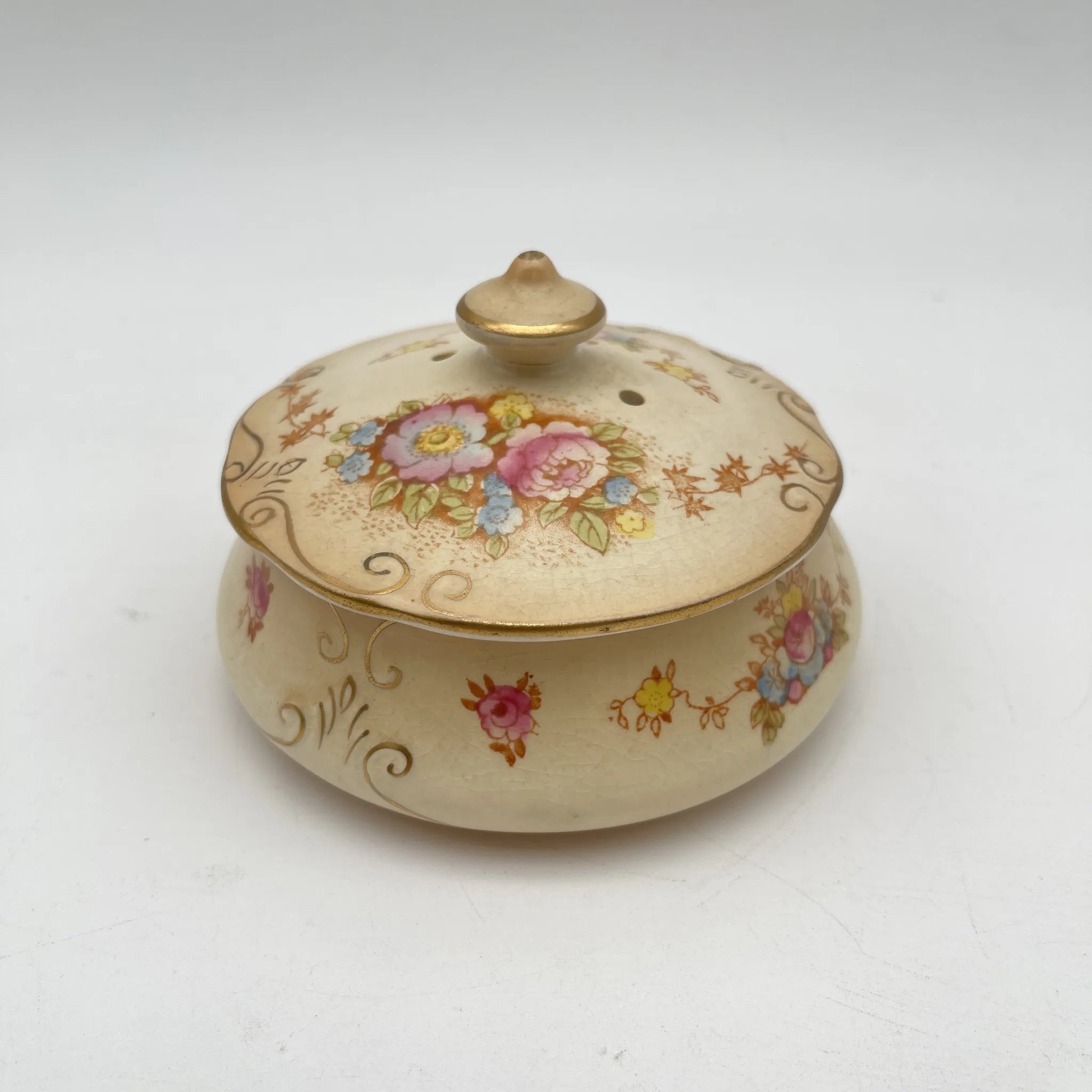 【アンティーク】 ポプリポット (小物入れ) / Crown Devon (クラウンデボン) / Spring / 1910-1920年代 / 陶器 / イギリス / 銅板転写, 手彩色 金彩