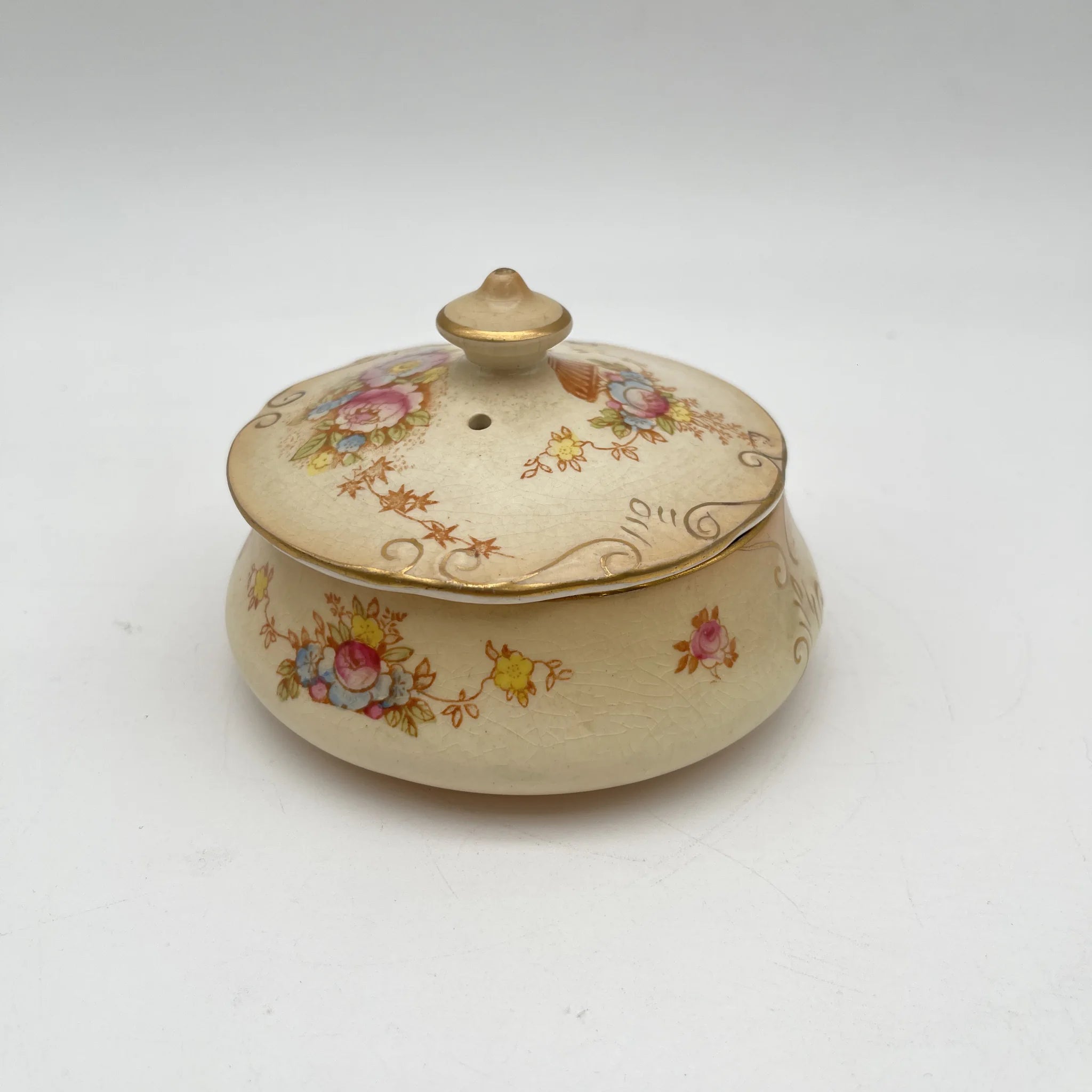 【アンティーク】 ポプリポット (小物入れ) / Crown Devon (クラウンデボン) / Spring / 1910-1920年代 / 陶器 / イギリス / 銅板転写, 手彩色 金彩