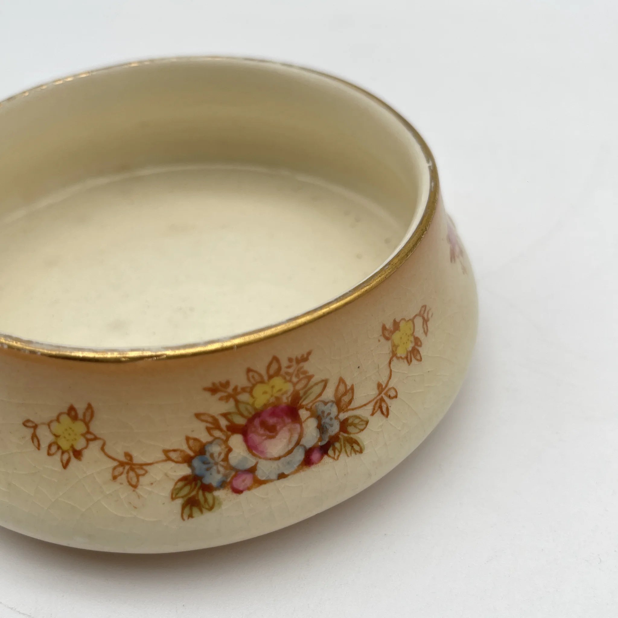 【アンティーク】 ポプリポット (小物入れ) / Crown Devon (クラウンデボン) / Spring / 1910-1920年代 / 陶器 / イギリス / 銅板転写, 手彩色 金彩