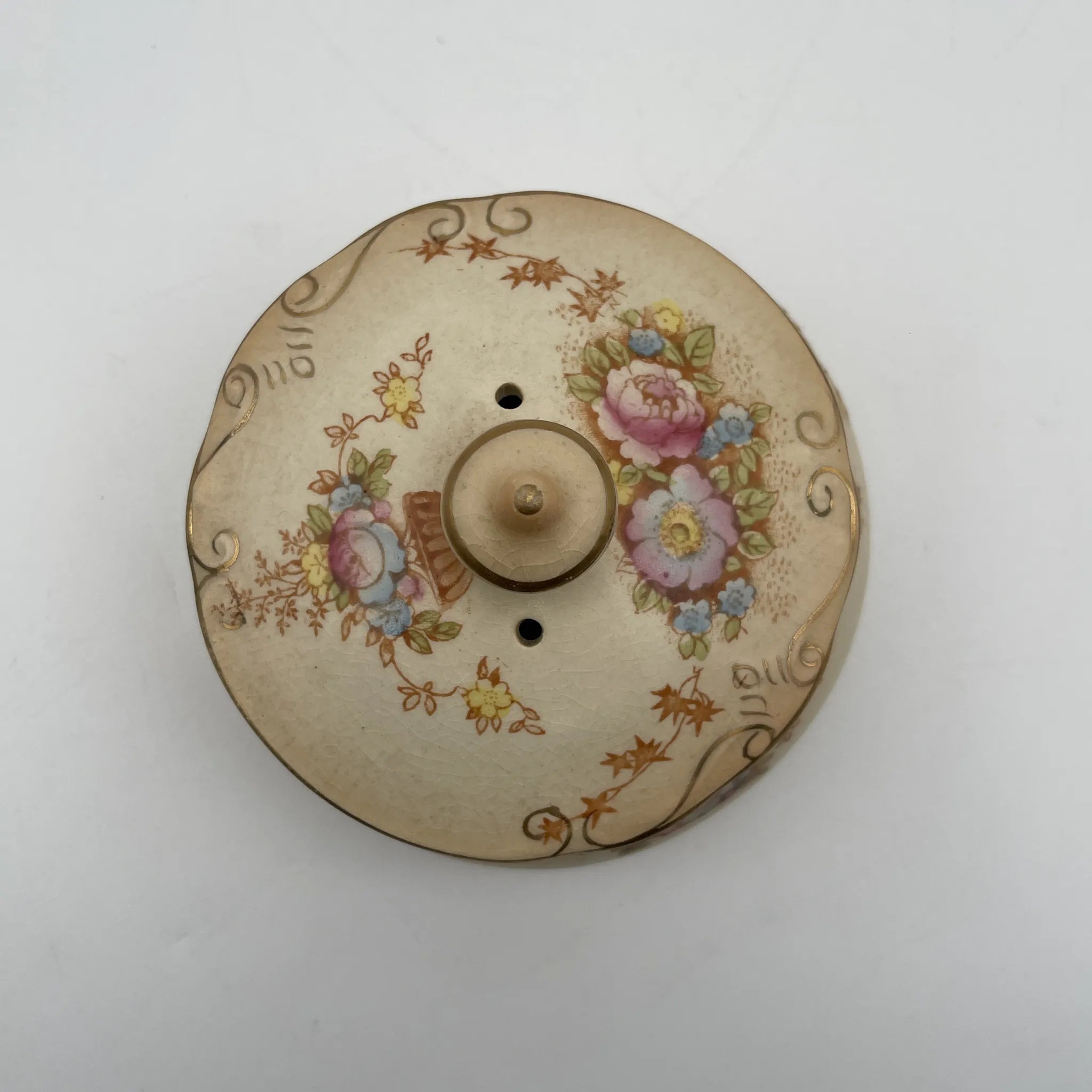【アンティーク】 ポプリポット (小物入れ) / Crown Devon (クラウンデボン) / Spring / 1910-1920年代 / 陶器 / イギリス / 銅板転写, 手彩色 金彩