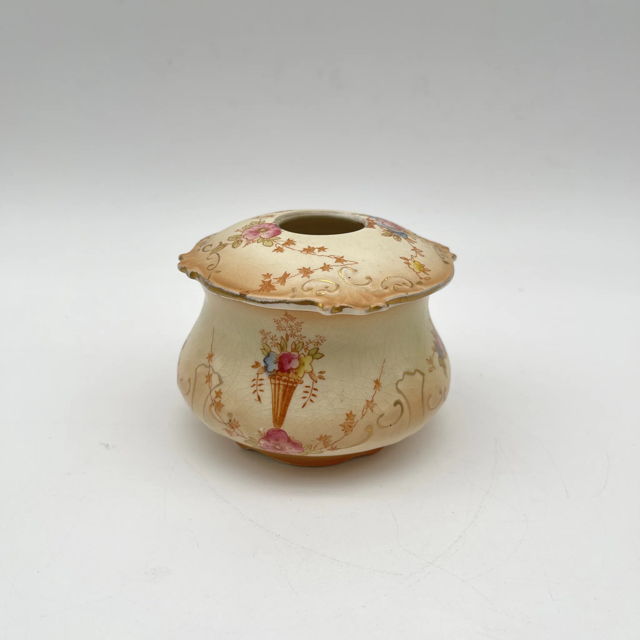 【アンティーク】 ポプリポット (小物入れ) / Crown Devon (クラウンデボン) / 1910-1920年代 (推定) / 陶器 / イギリス / 銅板転写, 手彩色 金彩