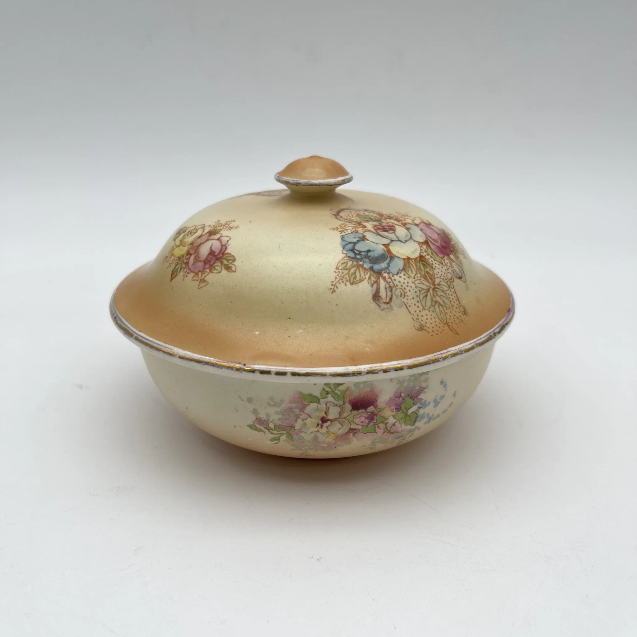 【アンティーク】 ソープディッシュ＋スペア蓋付 / Crown Devon (クラウンデボン) / 1890-1910年代 / 陶器 / イギリス / 銅板転写, 手彩色 金彩