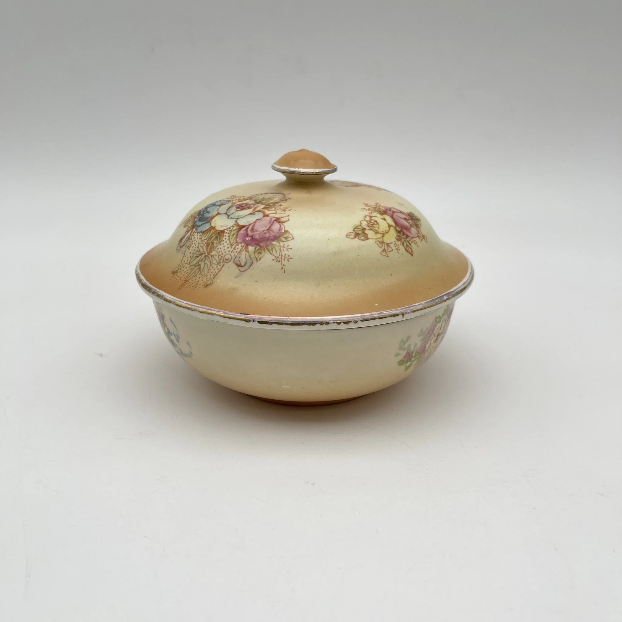 【アンティーク】 ソープディッシュ＋スペア蓋付 / Crown Devon (クラウンデボン) / 1890-1910年代 / 陶器 / イギリス / 銅板転写, 手彩色 金彩