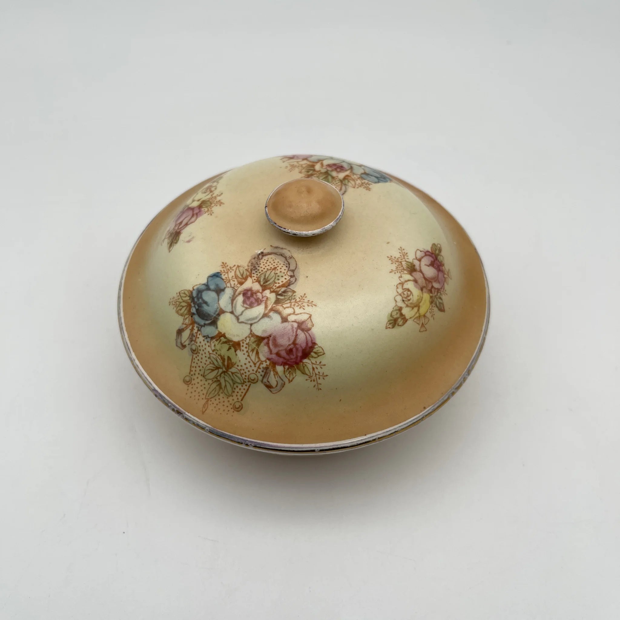 [Antique] Soap dish + spare lid / Crown Devon / 1890-1910s / Pottery / England / Copper plate transfer, hand-colored gold