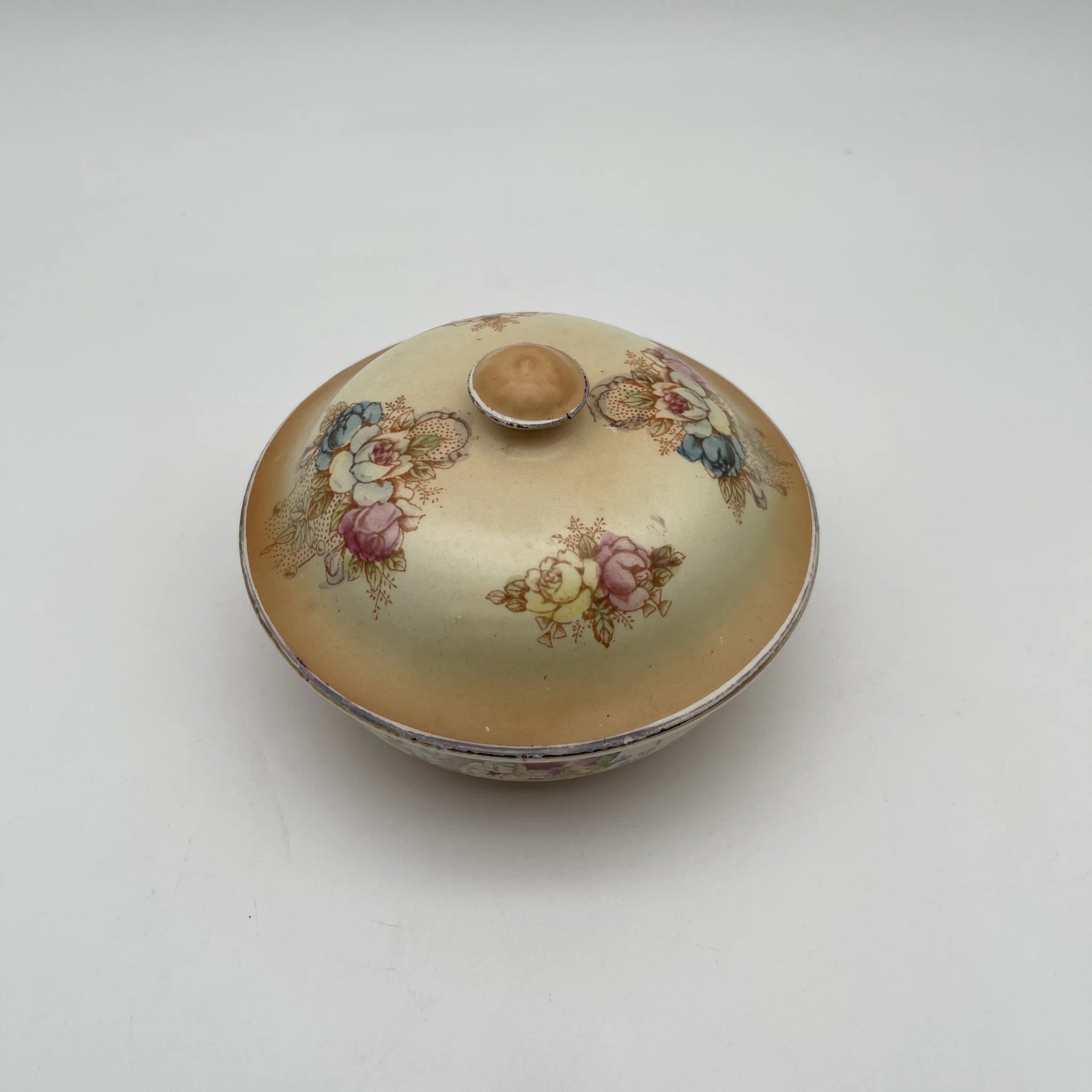 [Antique] Soap dish + spare lid / Crown Devon / 1890-1910s / Pottery / England / Copper plate transfer, hand-colored gold