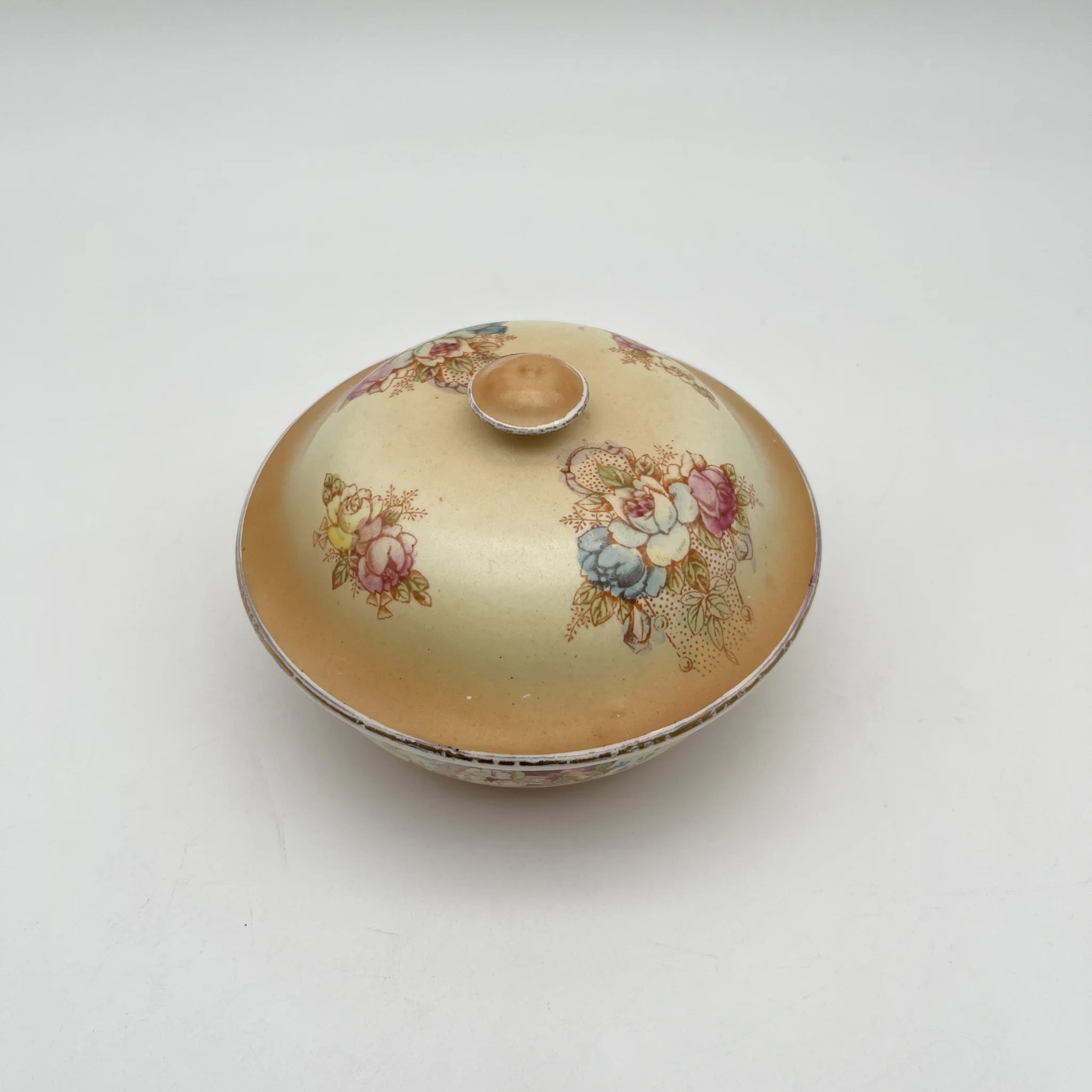 [Antique] Soap dish + spare lid / Crown Devon / 1890-1910s / Pottery / England / Copper plate transfer, hand-colored gold