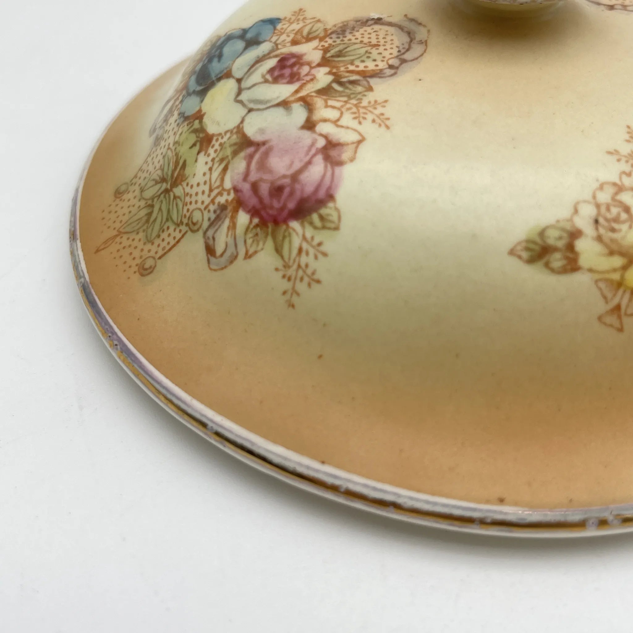 [Antique] Soap dish + spare lid / Crown Devon / 1890-1910s / Pottery / England / Copper plate transfer, hand-colored gold