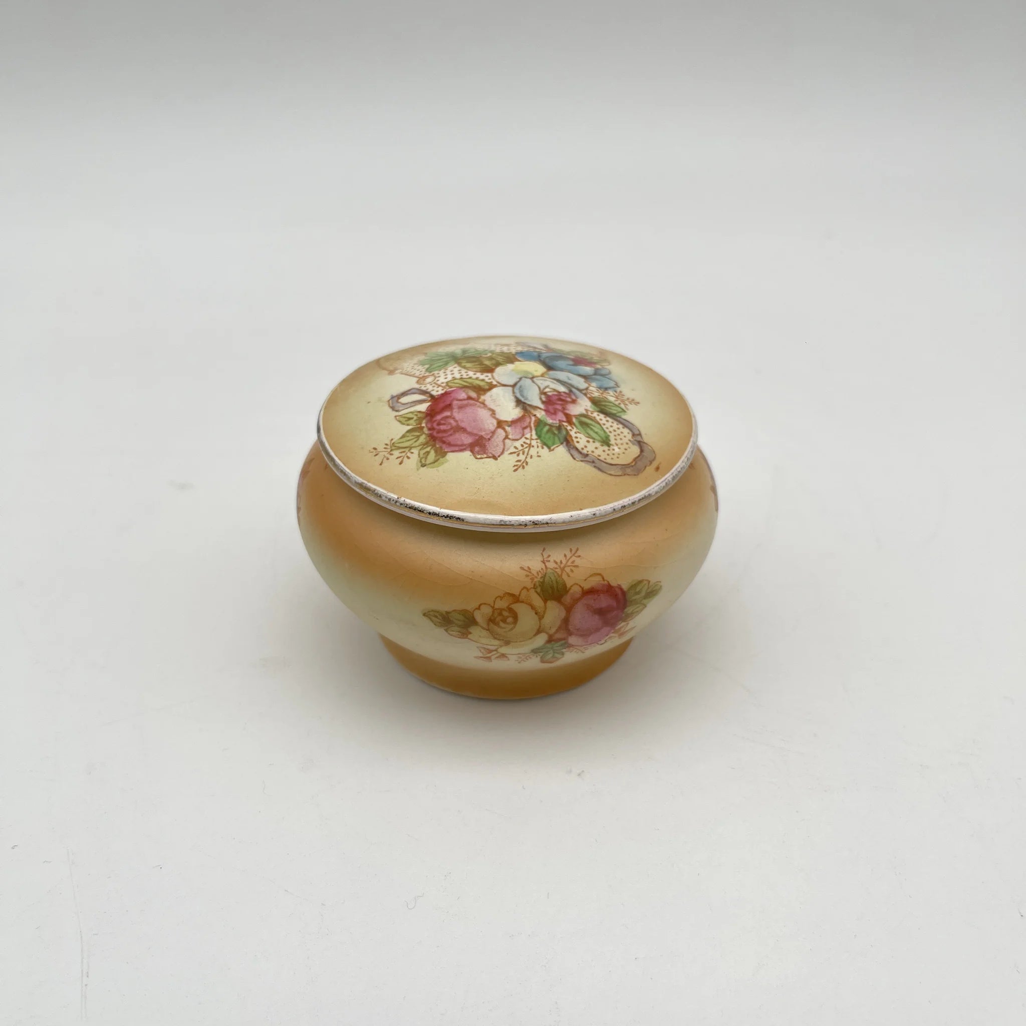 【アンティーク】 ポプリポット (小物入れ) / Crown Devon (クラウンデボン) / 1910-1920年代 (推定) / 陶器 / イギリス / 銅板転写, 手彩色 金彩