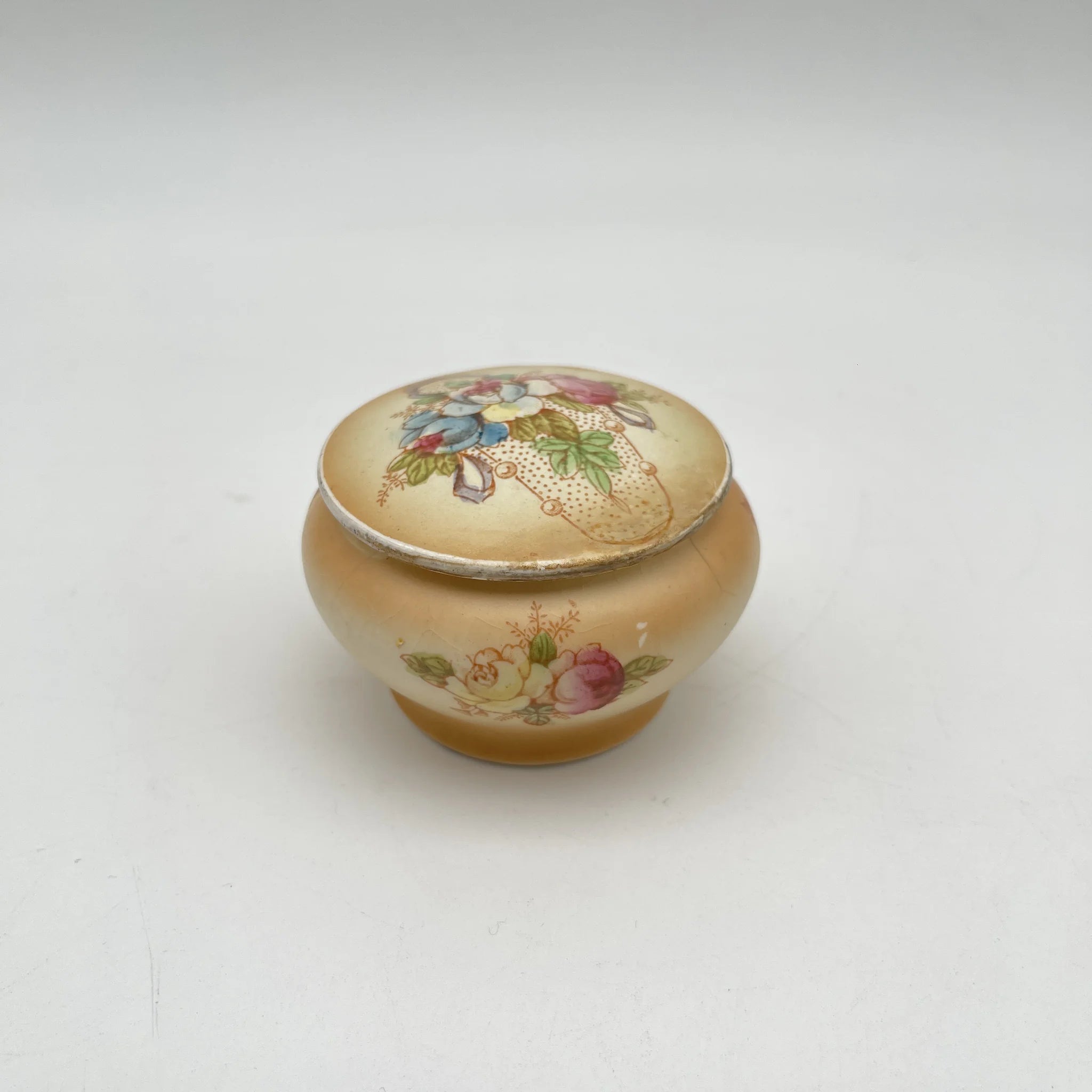 [Antique] Potpourri pot (trinket case) / Crown Devon / 1910-1920s (estimated) / Pottery / England / Copper plate transfer, hand-colored gold