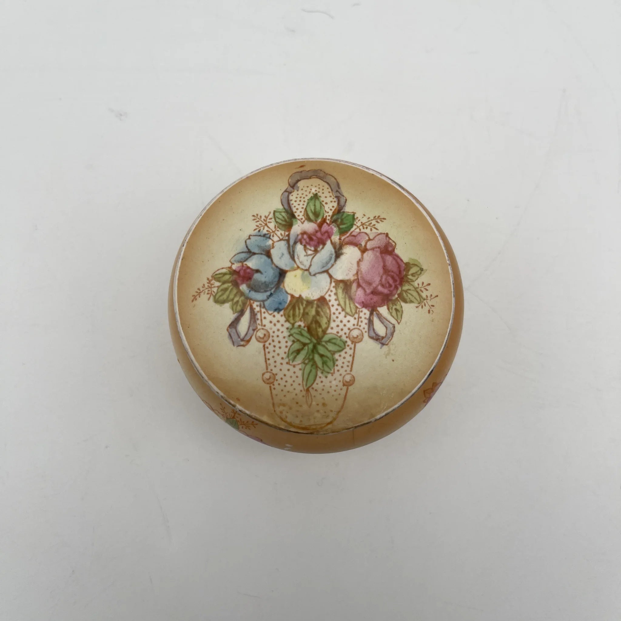 [Antique] Potpourri pot (trinket case) / Crown Devon / 1910-1920s (estimated) / Pottery / England / Copper plate transfer, hand-colored gold