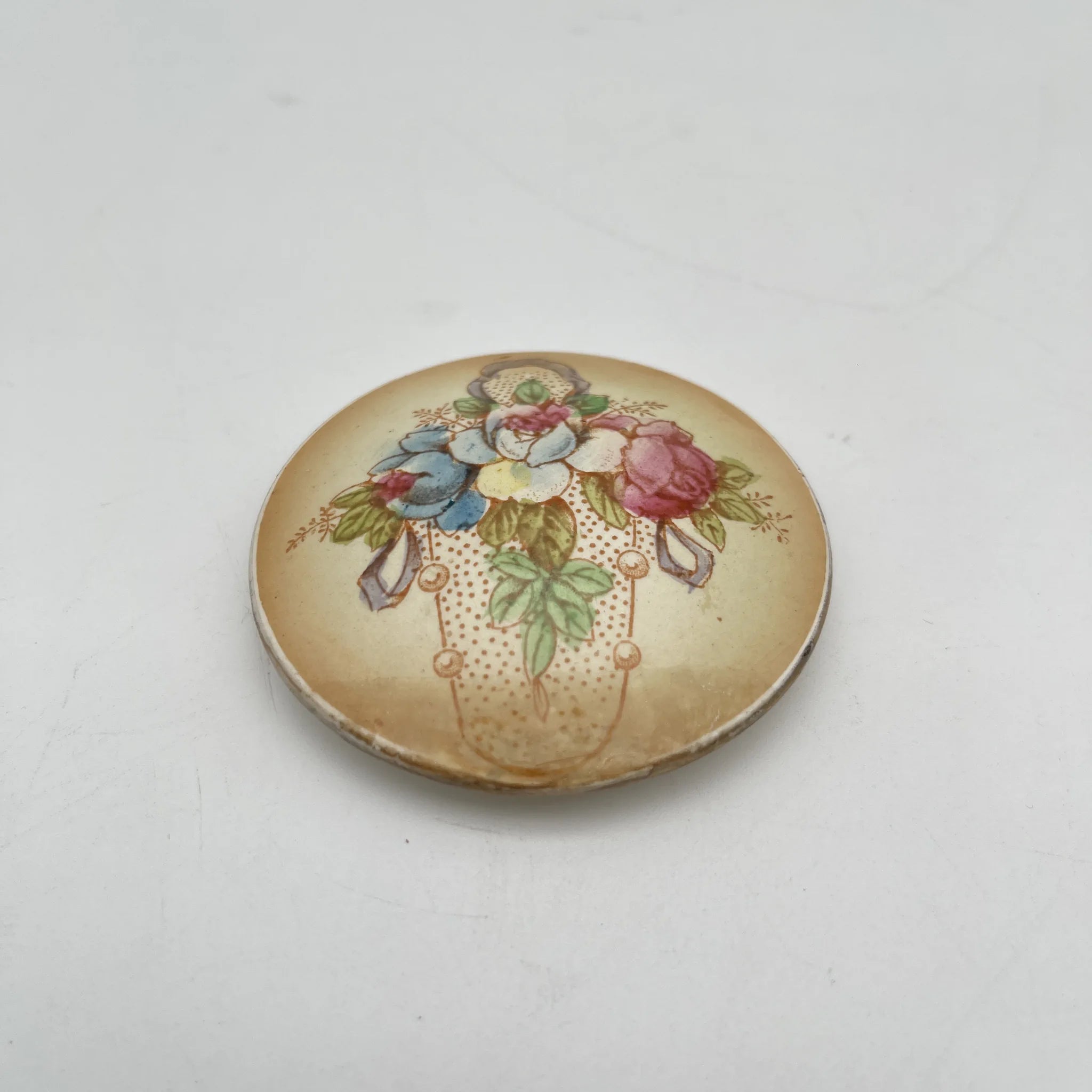 [Antique] Potpourri pot (trinket case) / Crown Devon / 1910-1920s (estimated) / Pottery / England / Copper plate transfer, hand-colored gold