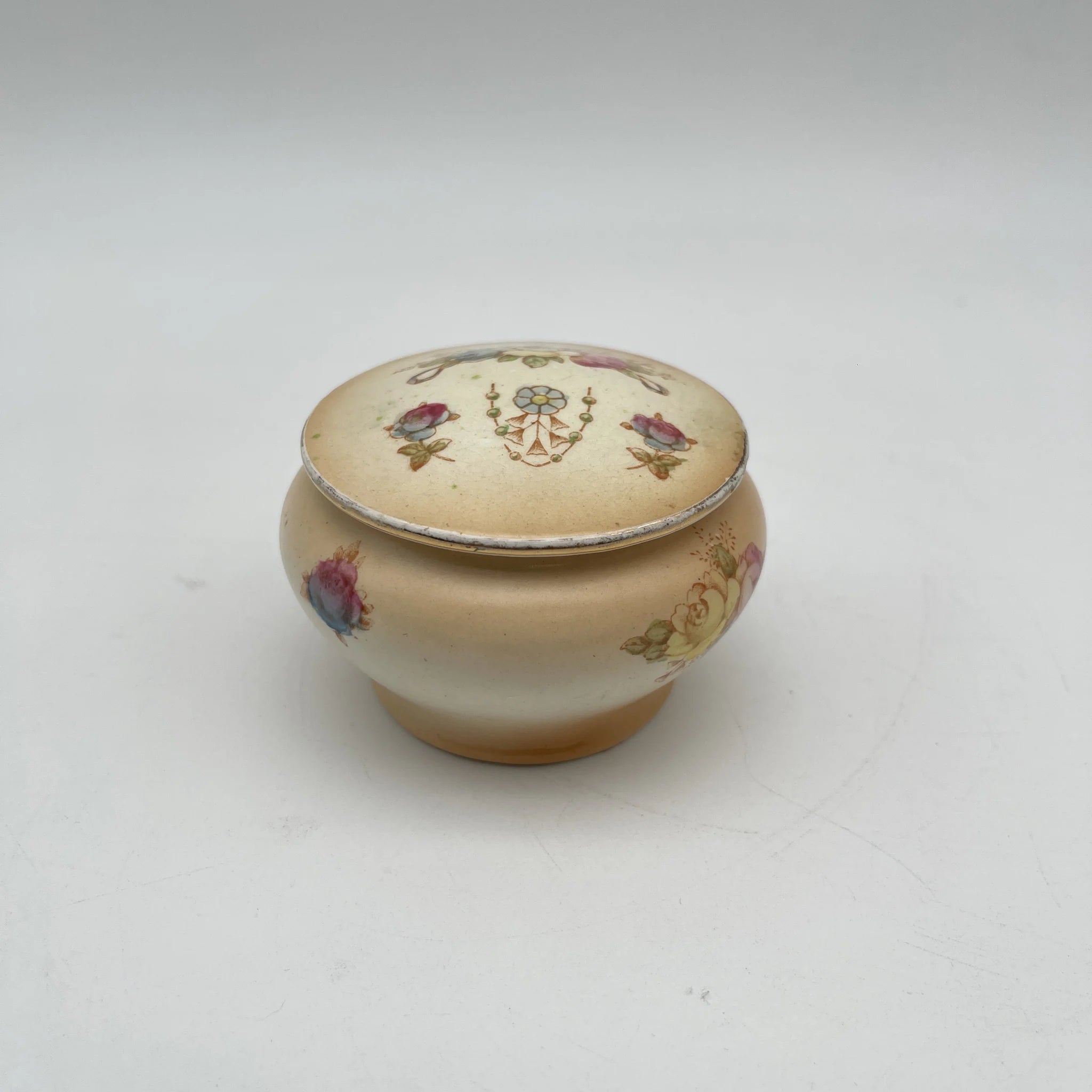 【アンティーク】 ポプリポット (小物入れ) / Crown Devon (クラウンデボン) / 1910-1920年代 (推定) / 陶器 / イギリス / 銅板転写, 手彩色 金彩