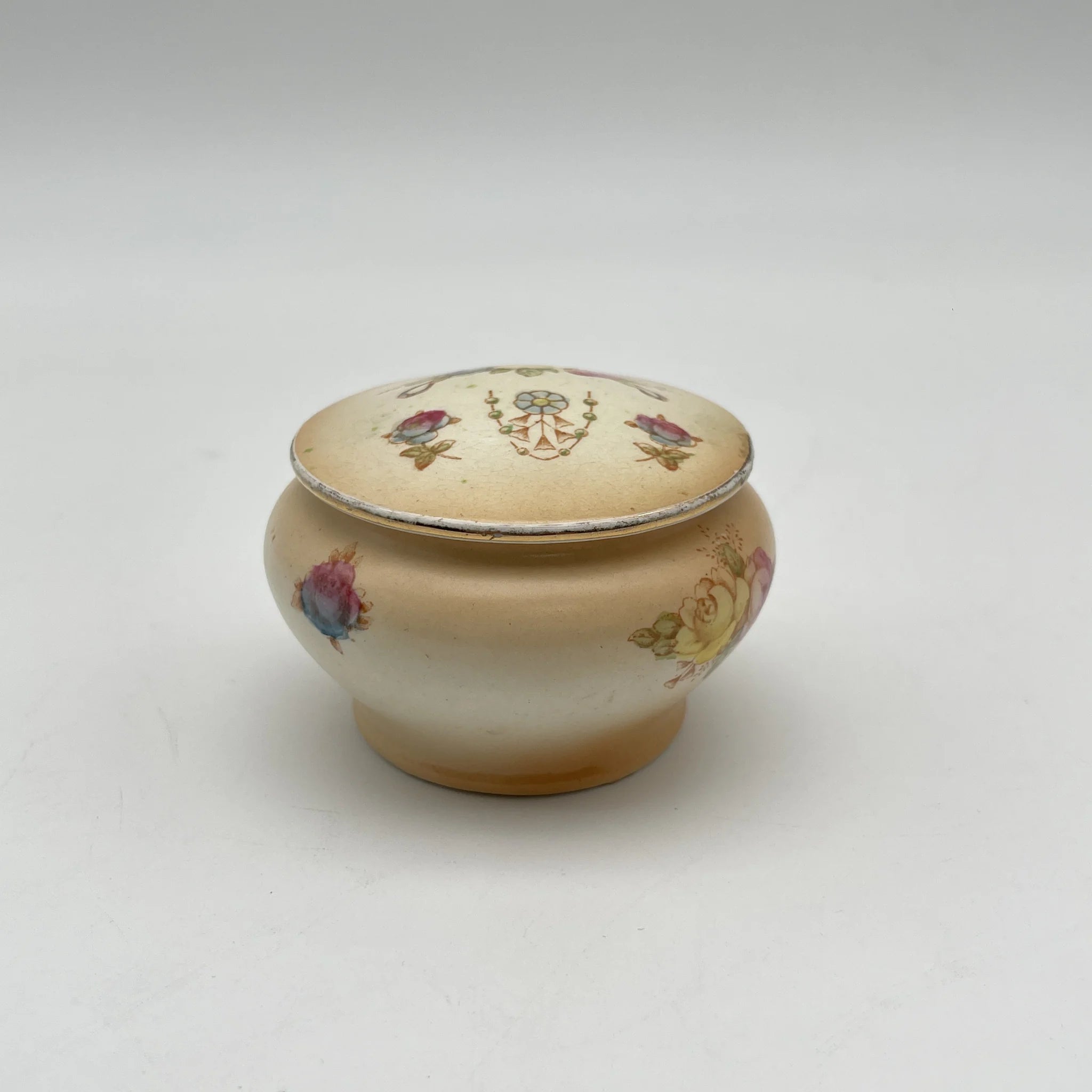【古董】小罐/ Crown Devon / 1910-1920年代（推测）/陶器/英国/铜板转印，手工金彩