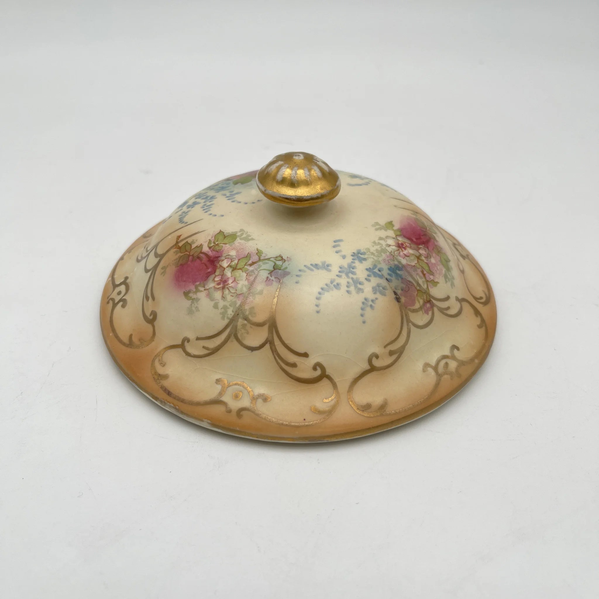 [Antique] Soap dish + spare lid / Crown Devon / 1890-1910s / Pottery / England / Copper plate transfer, hand-colored gold