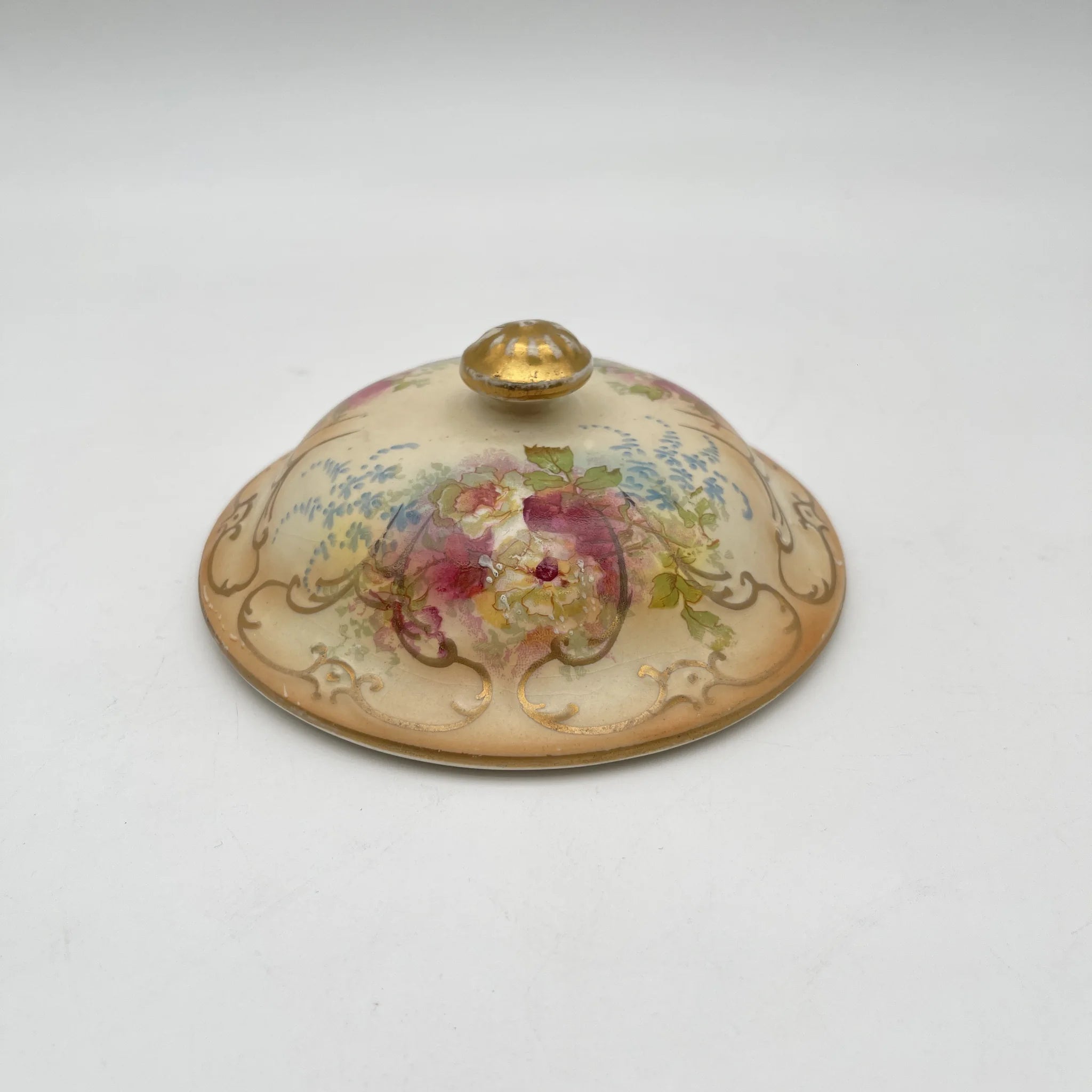 [Antique] Soap dish + spare lid / Crown Devon / 1890-1910s / Pottery / England / Copper plate transfer, hand-colored gold
