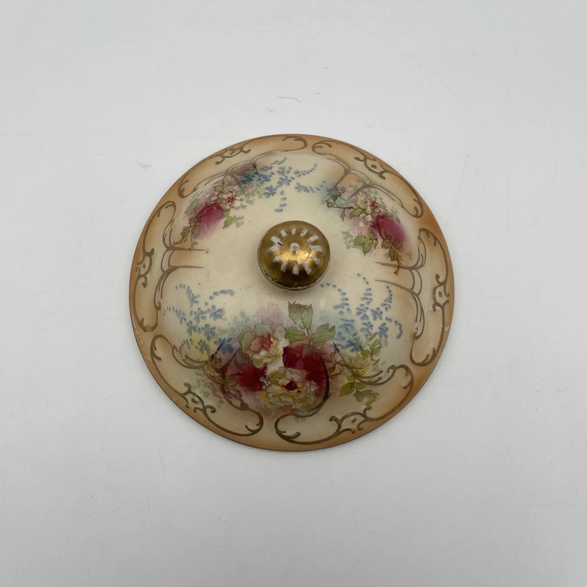 [Antique] Soap dish + spare lid / Crown Devon / 1890-1910s / Pottery / England / Copper plate transfer, hand-colored gold
