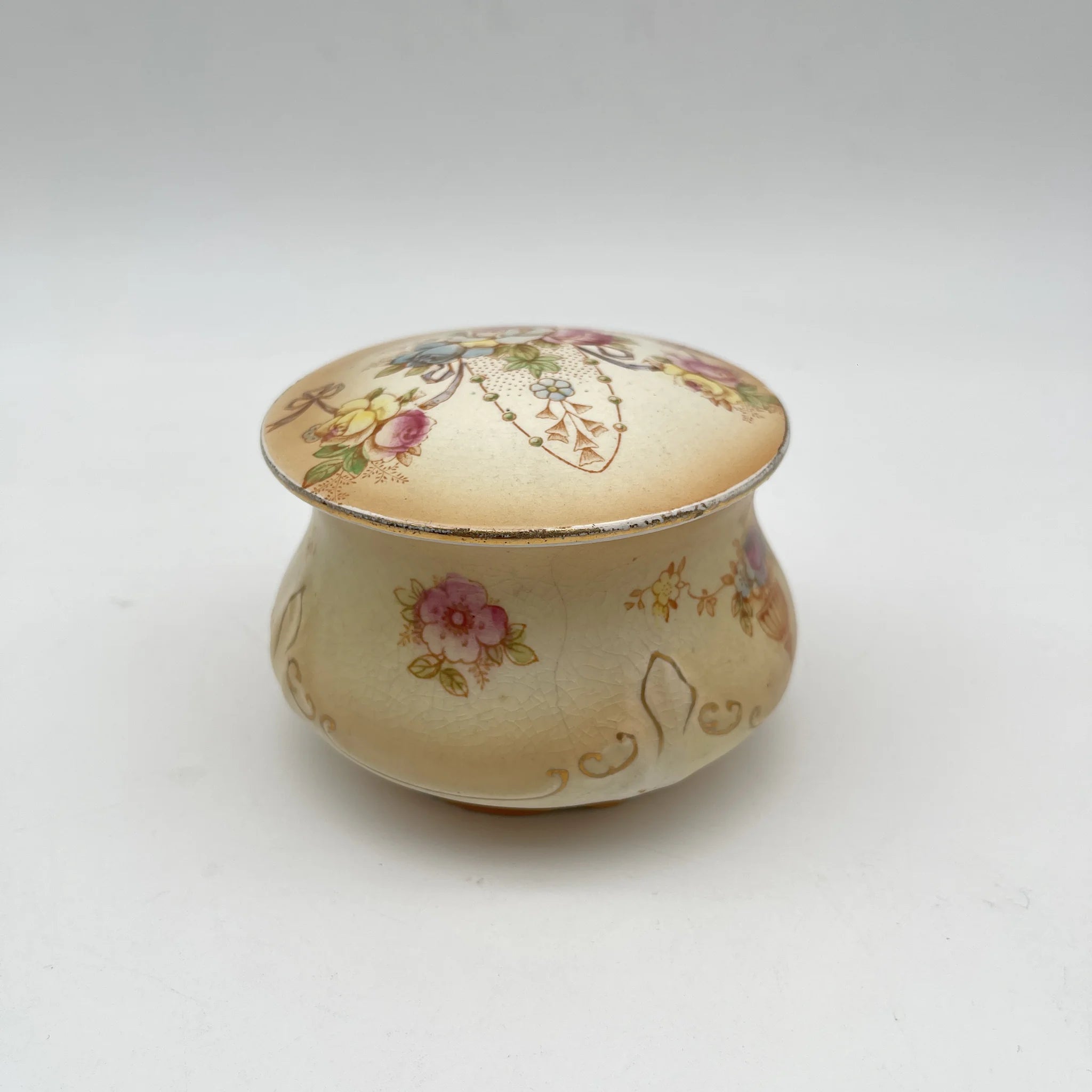 【アンティーク】 ポプリポット (小物入れ) / Crown Devon (クラウンデボン) / Spring / 1910年代 / 陶器 / イギリス / 銅板転写, 手彩色 金彩