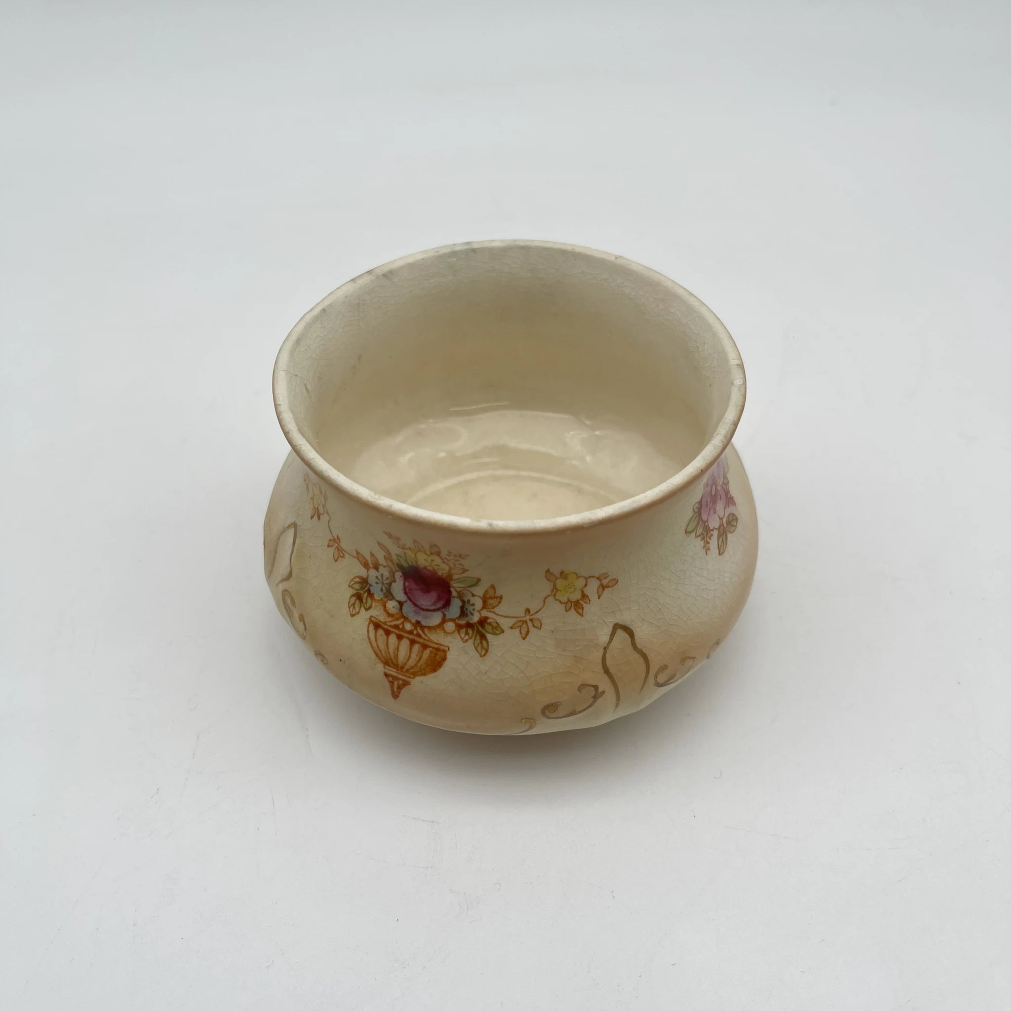 [Antique] Potpourri pot (trinket case) / Crown Devon / Spring / 1910s / Pottery / England / Copper plate transfer, hand-colored gold