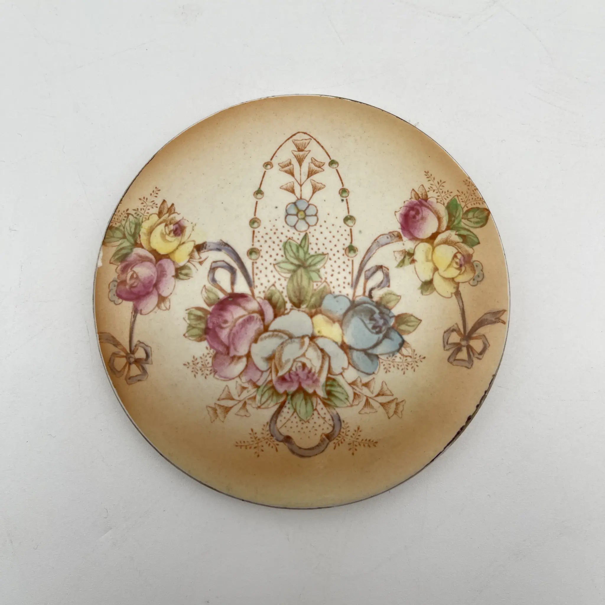 [Antique] Potpourri pot (trinket case) / Crown Devon / Spring / 1910s / Pottery / England / Copper plate transfer, hand-colored gold