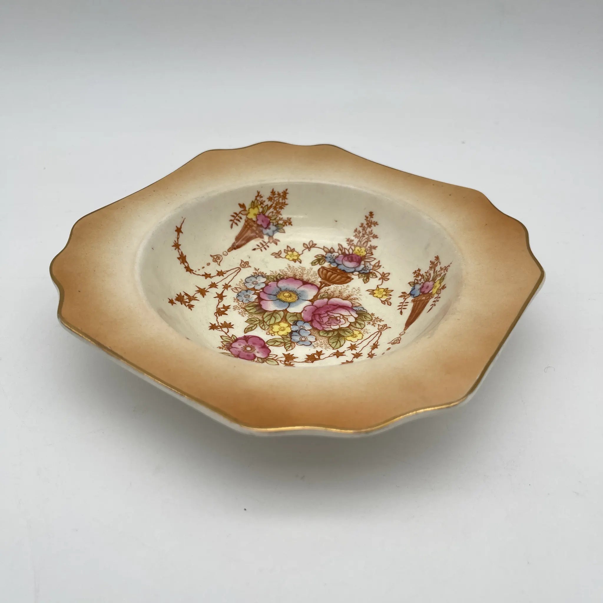 【复古】汤盘（深盘）/ Crown Devon / 1930年代（推测）/陶器/英国/铜板转印，手工彩色金彩