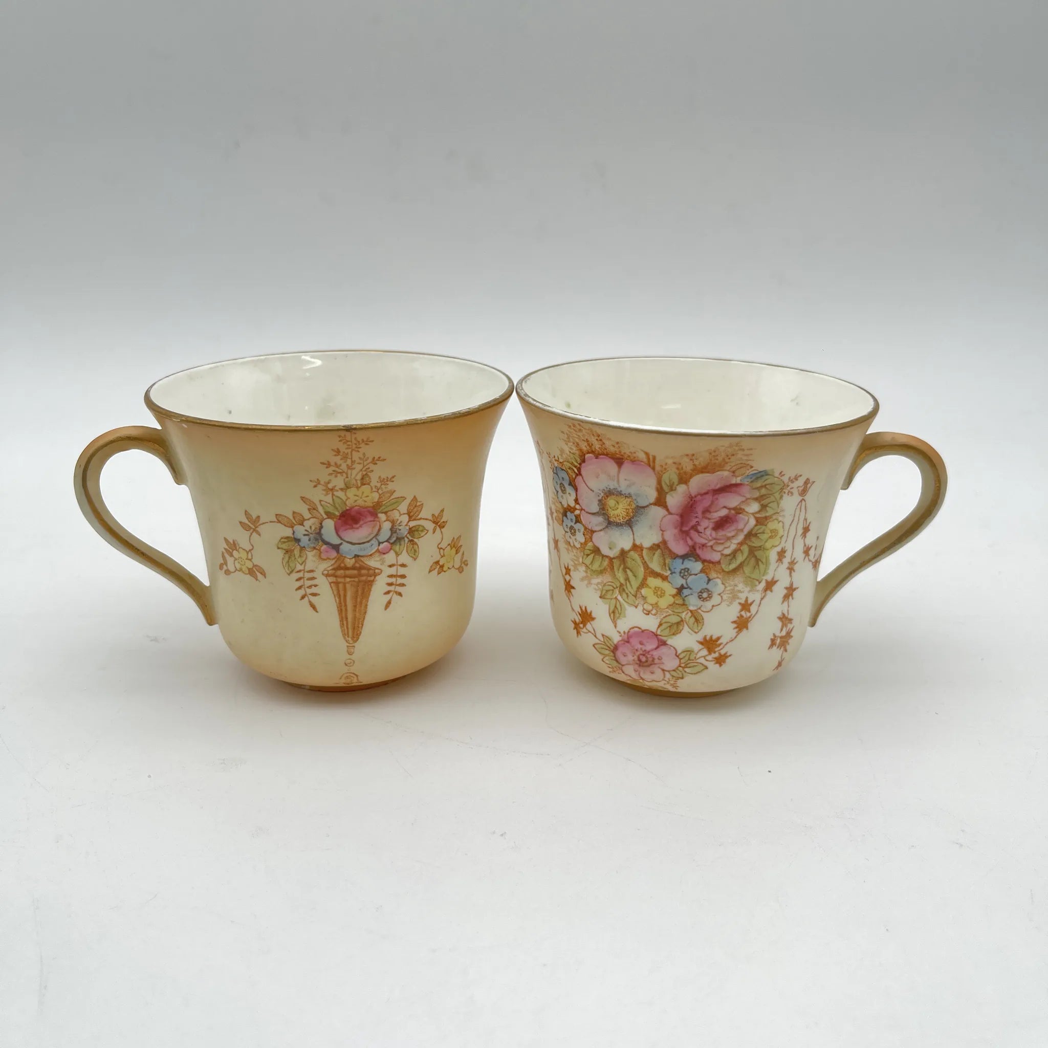 【アンティーク】 ティーカップ2P / Crown Devon (クラウンデボン) / Spring / 1910-1920年代 (推定) / 陶器 / イギリス / 銅板転写, 手彩色 金彩