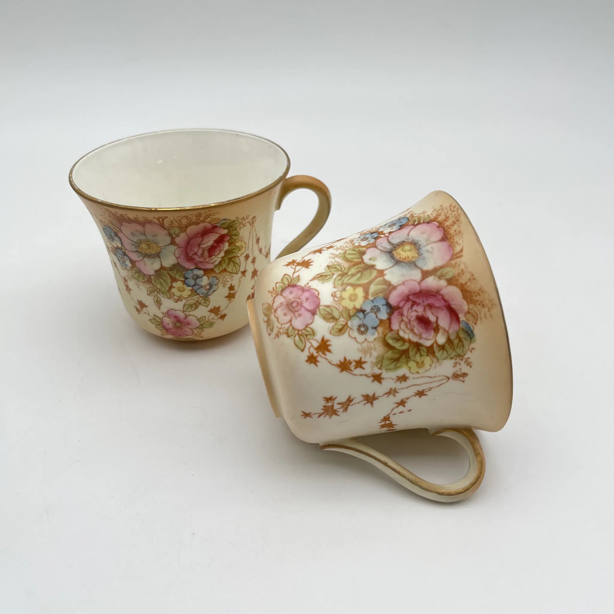 【アンティーク】 ティーカップ2P / Crown Devon (クラウンデボン) / Spring / 1910-1920年代 (推定) / 陶器 / イギリス / 銅板転写, 手彩色 金彩