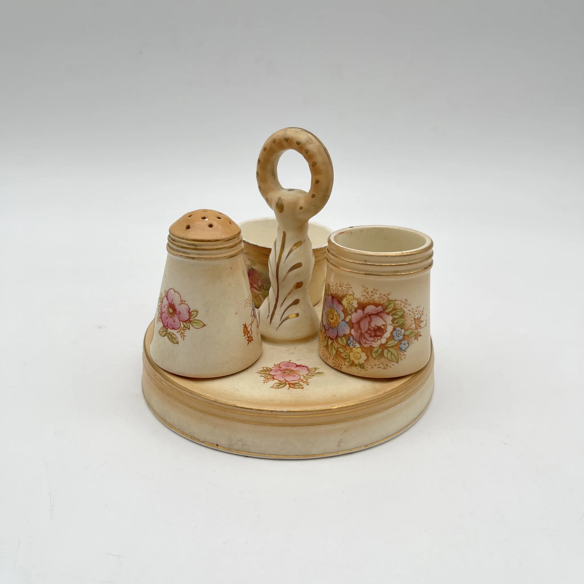 【アンティーク】 調味料入れ3P＋スタンド付 / Crown Devon (クラウンデボン) / Spring / 1910-1920年代 / 陶器 / イギリス / ソルトシェーカー, ペッパーポット, マスタードポット