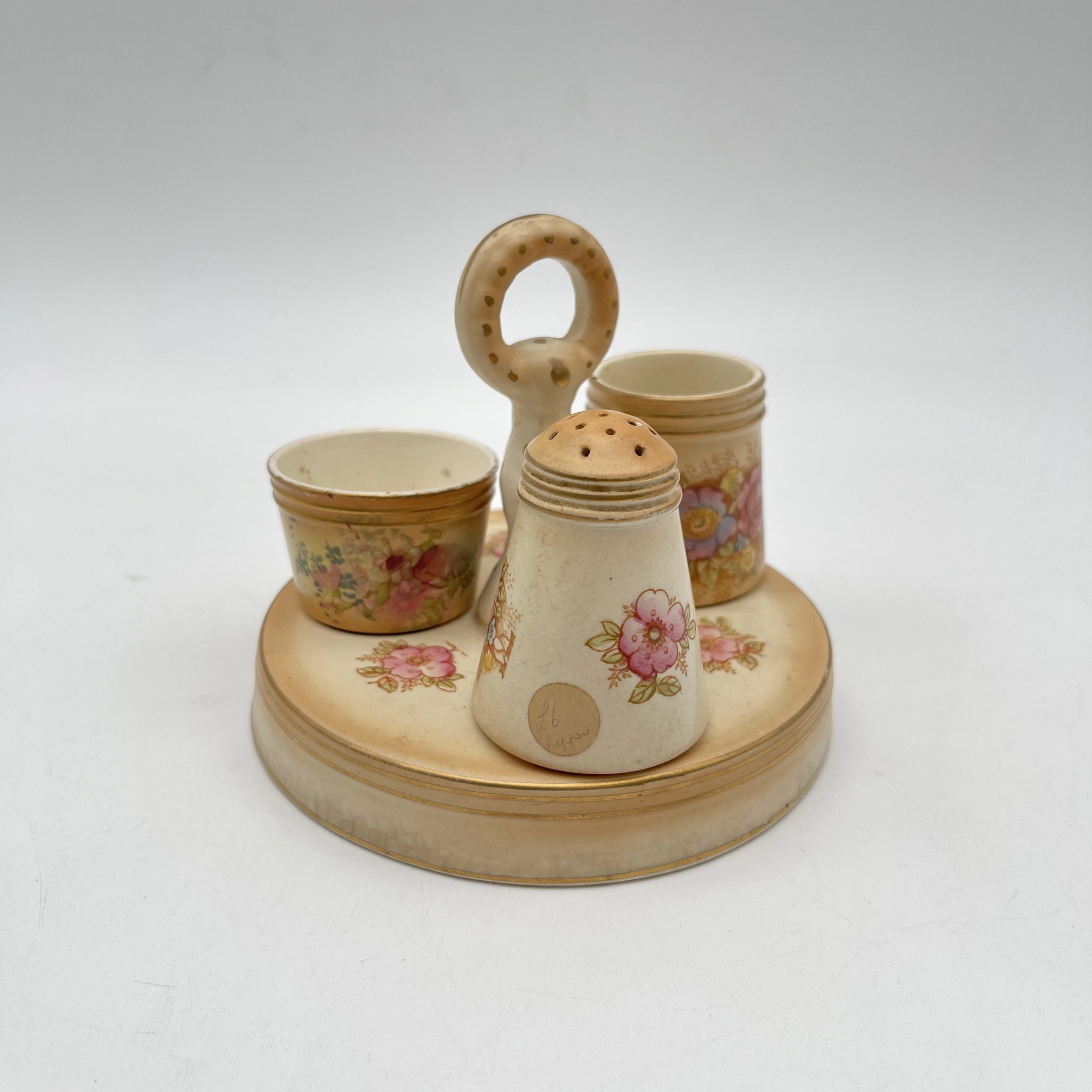 【アンティーク】 調味料入れ3P＋スタンド付 / Crown Devon (クラウンデボン) / Spring / 1910-1920年代 / 陶器 / イギリス / ソルトシェーカー, ペッパーポット, マスタードポット