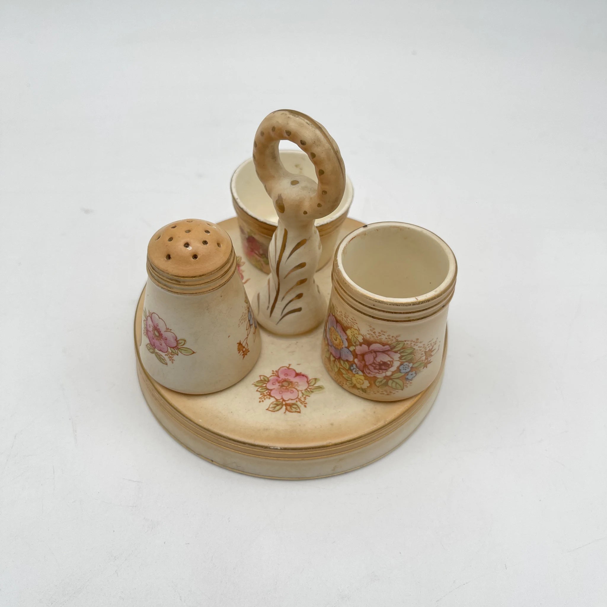 【アンティーク】 調味料入れ3P＋スタンド付 / Crown Devon (クラウンデボン) / Spring / 1910-1920年代 / 陶器 / イギリス / ソルトシェーカー, ペッパーポット, マスタードポット