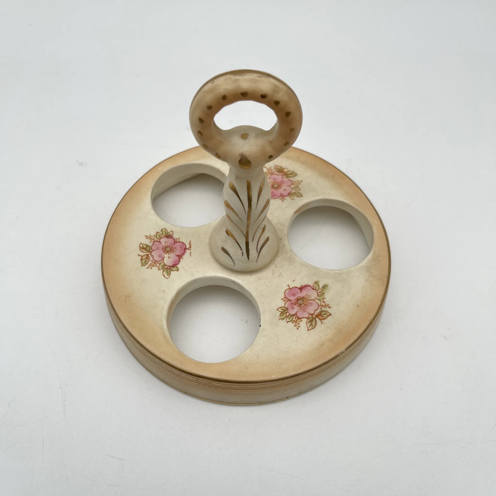 【アンティーク】 調味料入れ3P＋スタンド付 / Crown Devon (クラウンデボン) / Spring / 1910-1920年代 / 陶器 / イギリス / ソルトシェーカー, ペッパーポット, マスタードポット