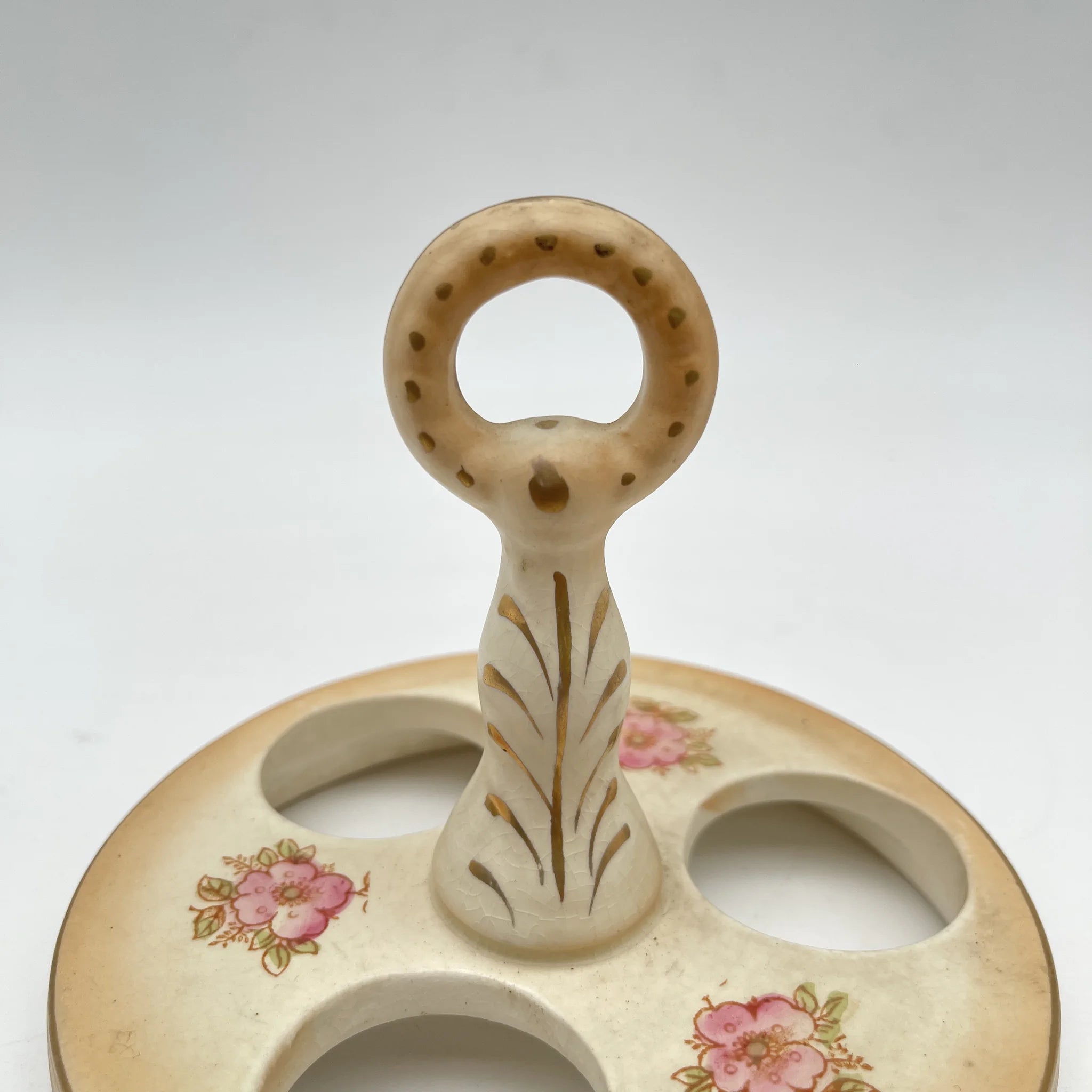 【アンティーク】 調味料入れ3P＋スタンド付 / Crown Devon (クラウンデボン) / Spring / 1910-1920年代 / 陶器 / イギリス / ソルトシェーカー, ペッパーポット, マスタードポット