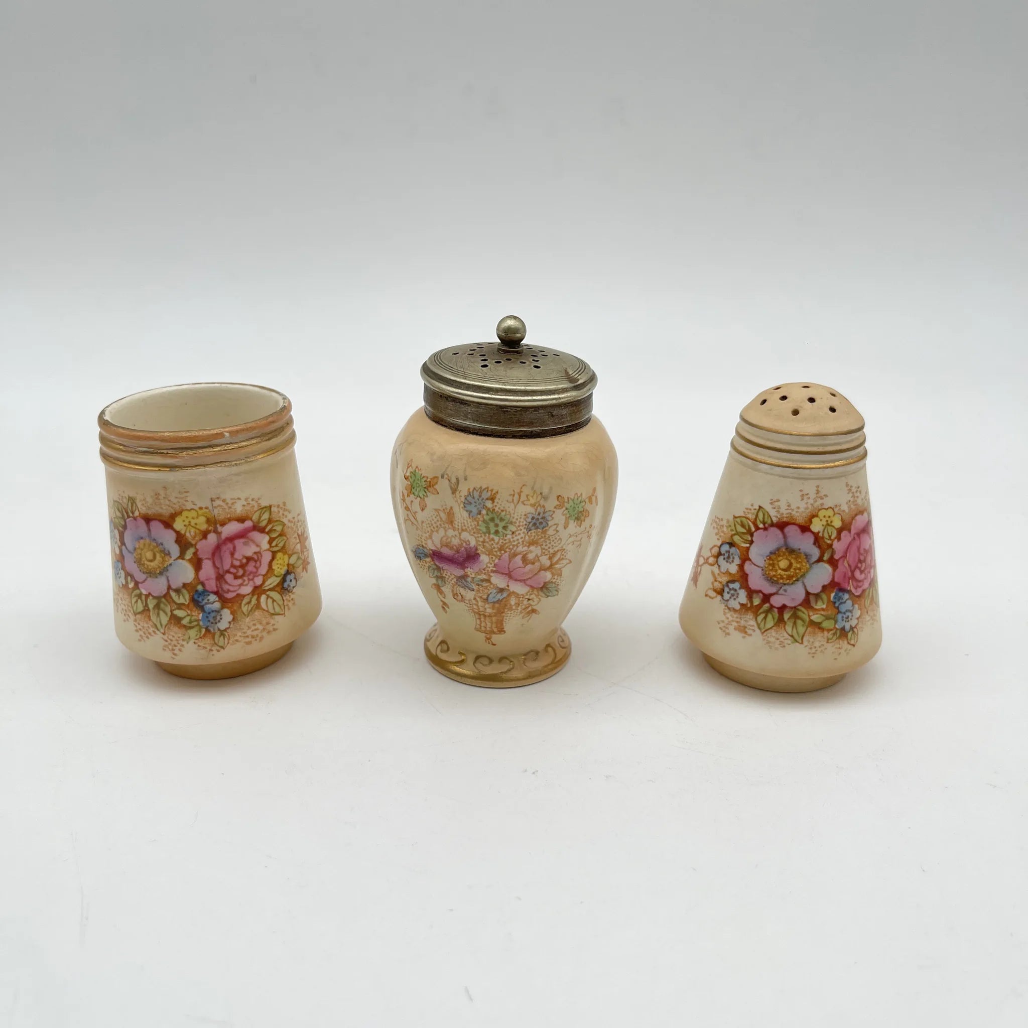 【アンティーク】 調味料入れ3P＋スタンド付 / Crown Devon (クラウンデボン) / Spring / 1910-1920年代 / 陶器 / イギリス / ソルトシェーカー, ペッパーポット, マスタードポット