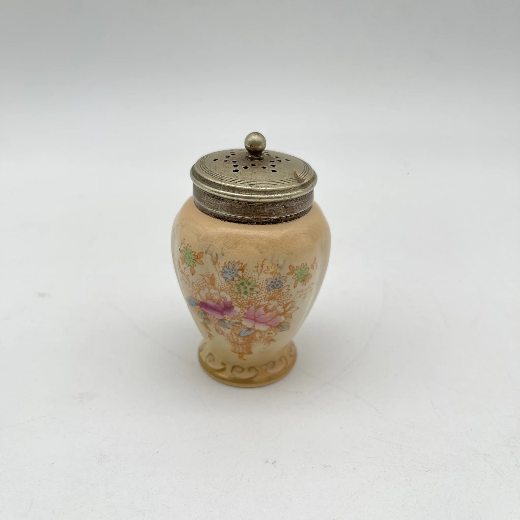 【アンティーク】 調味料入れ3P＋スタンド付 / Crown Devon (クラウンデボン) / Spring / 1910-1920年代 / 陶器 / イギリス / ソルトシェーカー, ペッパーポット, マスタードポット