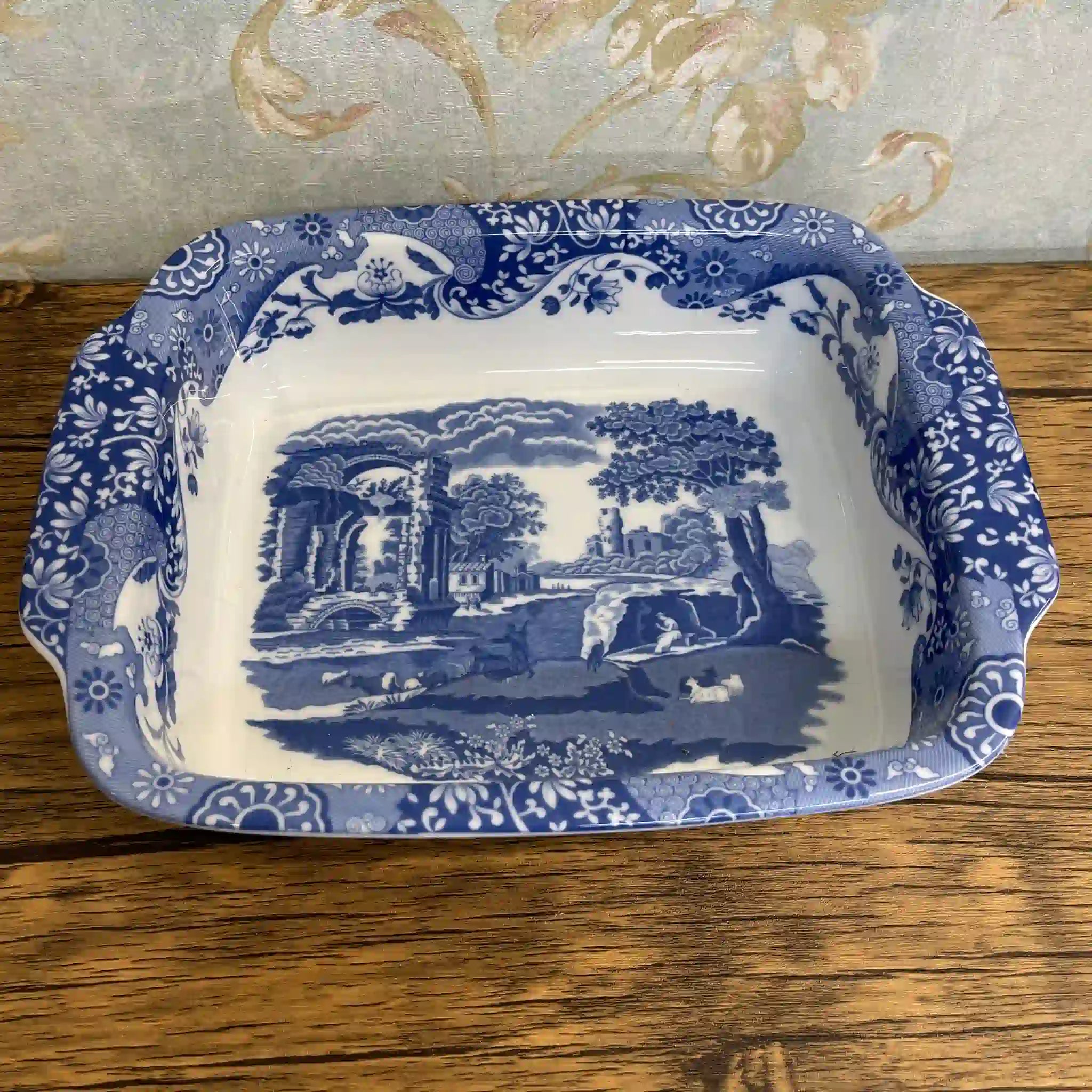 【リユース】 スクエアロースター (グラタン皿) / Spode (スポード) / Blue Italian / 1990-2000年代 / ストーンウェア / イギリス / ブルー＆ホワイト, 銅版転写, 古代ローマ遺跡