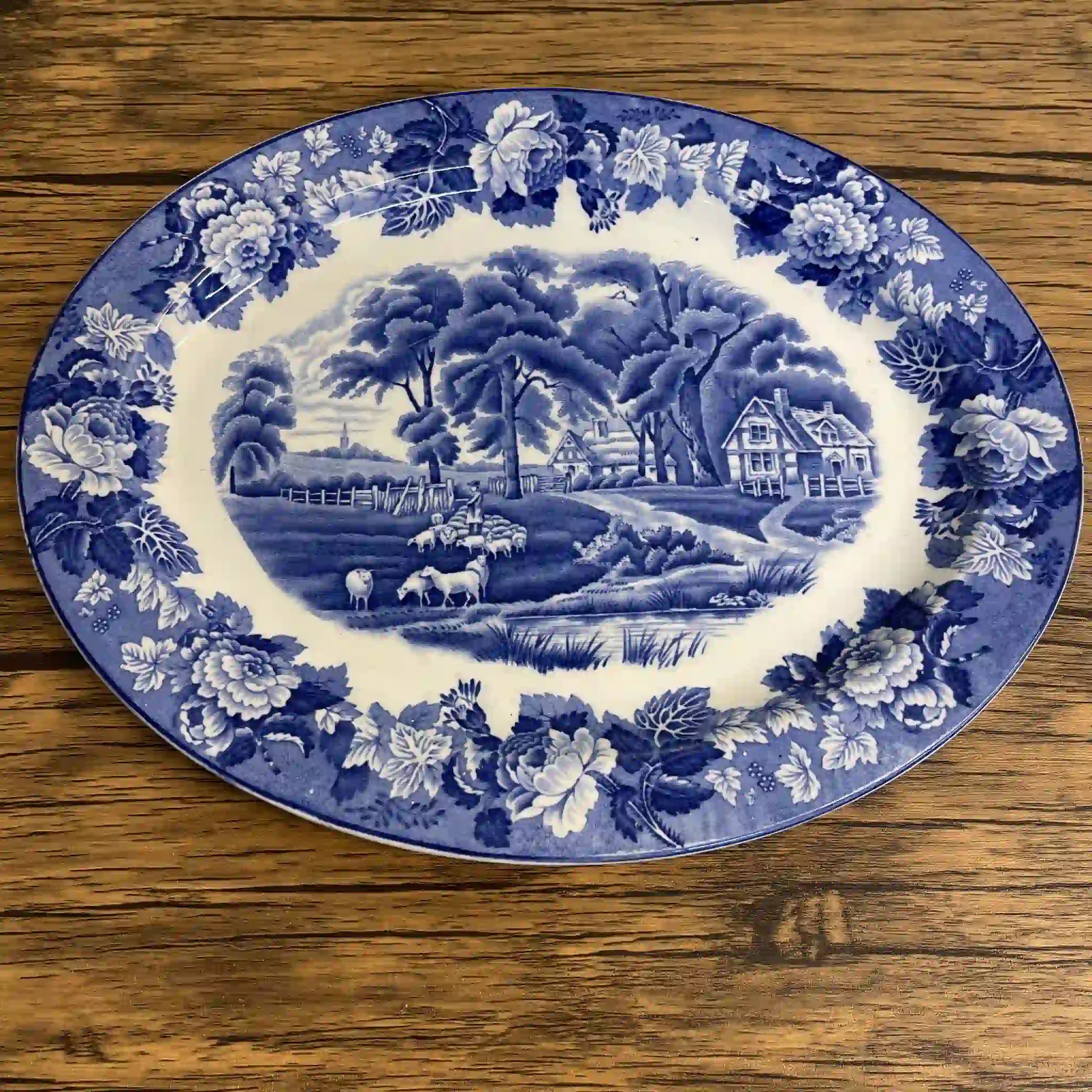 【ビンテージ】 オーバルサービングプレート (大皿) / Wood＆Sons (ウッド&サンズ) / English Scenery / 1940-1960年代 (推定) / アイアンストーン / イギリス / ブルー＆ホワイト, 銅版転写, 英国田園風景