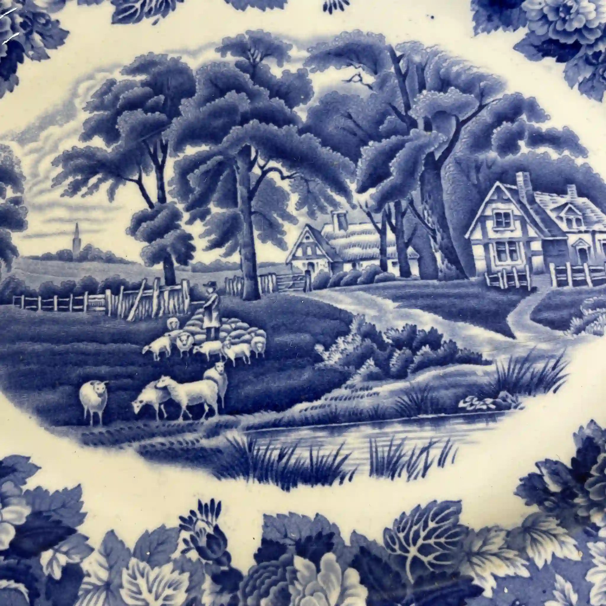 【ビンテージ】 オーバルサービングプレート (大皿) / Wood＆Sons (ウッド&サンズ) / English Scenery / 1940-1960年代 (推定) / アイアンストーン / イギリス / ブルー＆ホワイト, 銅版転写, 英国田園風景