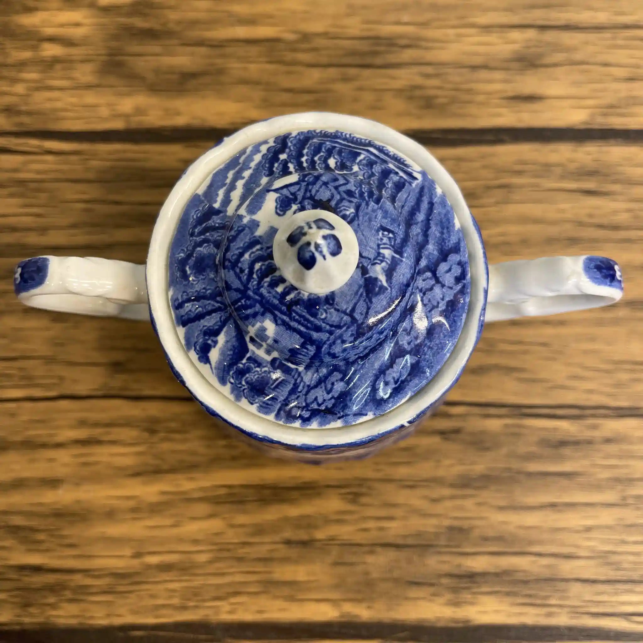 【ビンテージ】 シュガーボウル (シュガーポット) / Wood＆Sons (ウッド&サンズ) / English Scenery / 1940-1960年代 (推定) / アイアンストーン / イギリス / ブルー＆ホワイト, 銅版転写, 英国田園風景