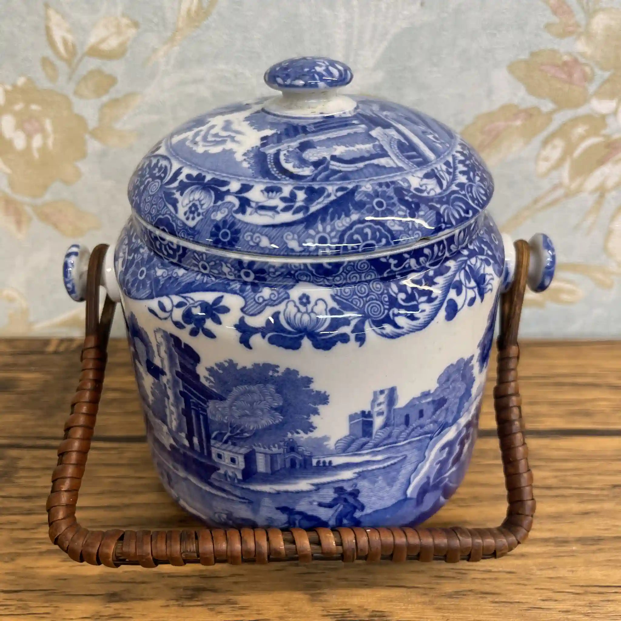 【アンティーク】 ビスケットジャー (蓋付き保存容器) / Spode (スポード) / Blue Italian / 1890-1920年代 / 陶器 / イギリス / ブルー＆ホワイト, 銅版転写, 古代ローマ遺跡